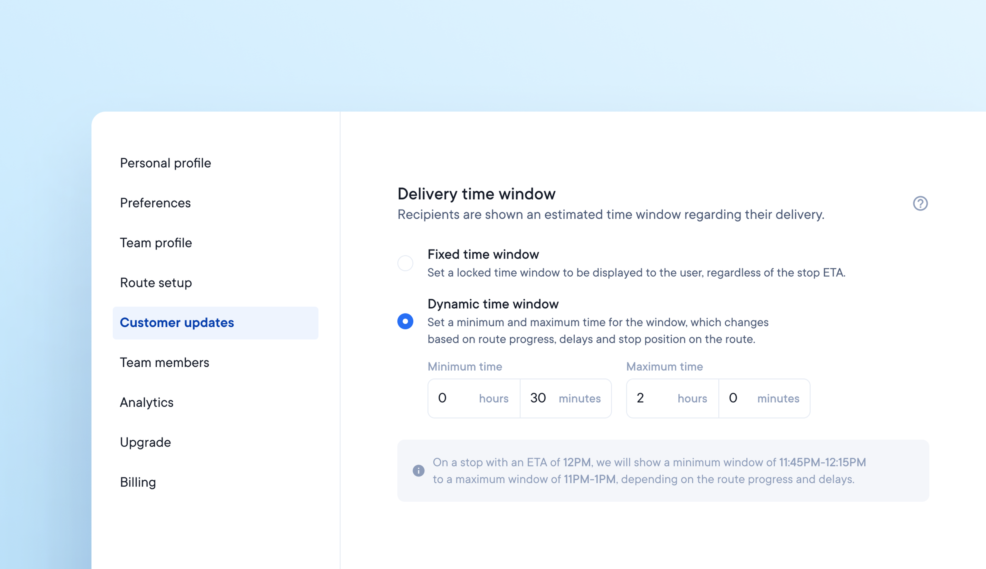 Set dynamic or fixed delivery windows for customer notifications