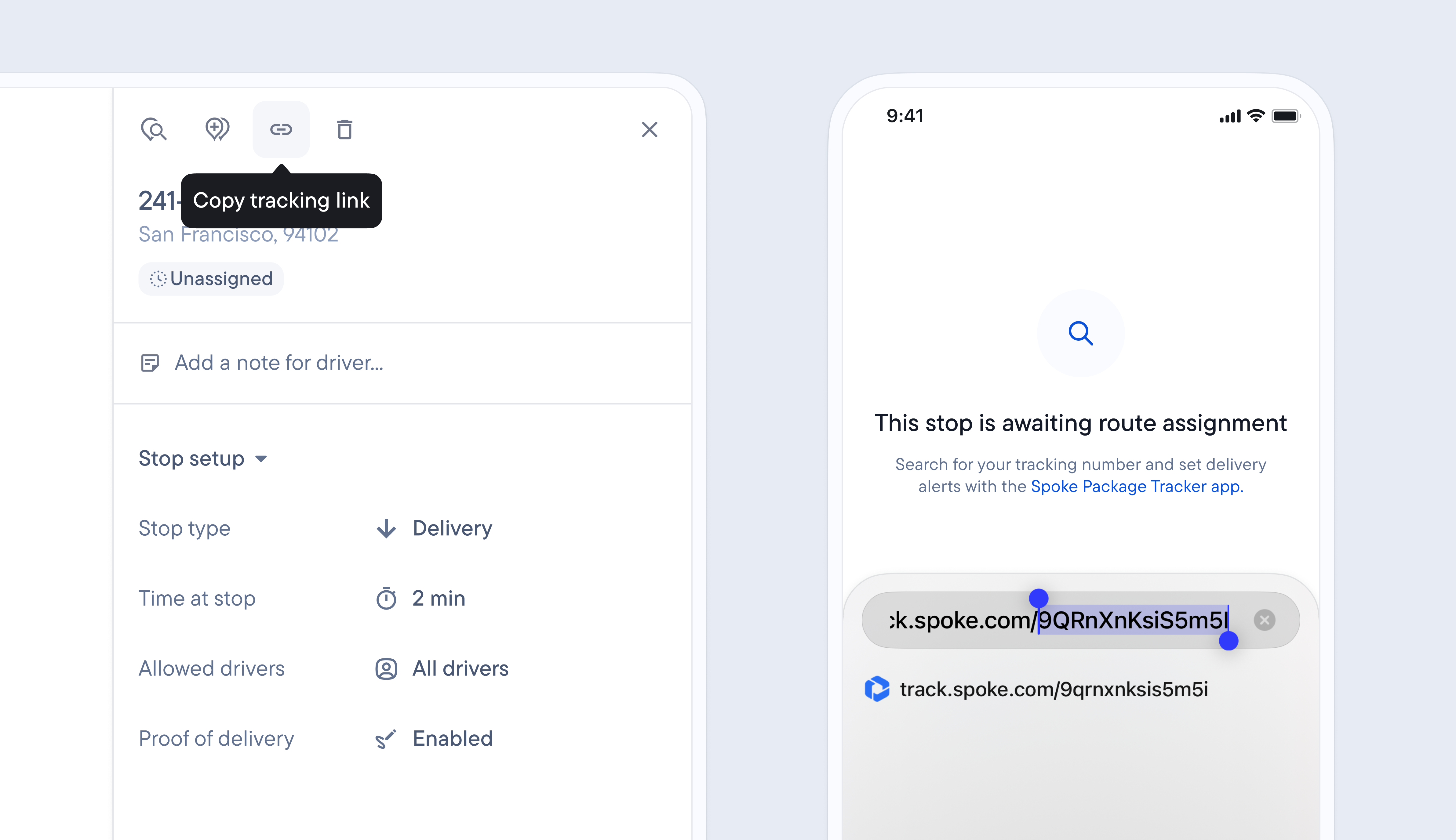 A desktop interface showing a "Copy tracking link" tooltip for a delivery stop, next to a mobile phone displaying the corresponding tracking URL.