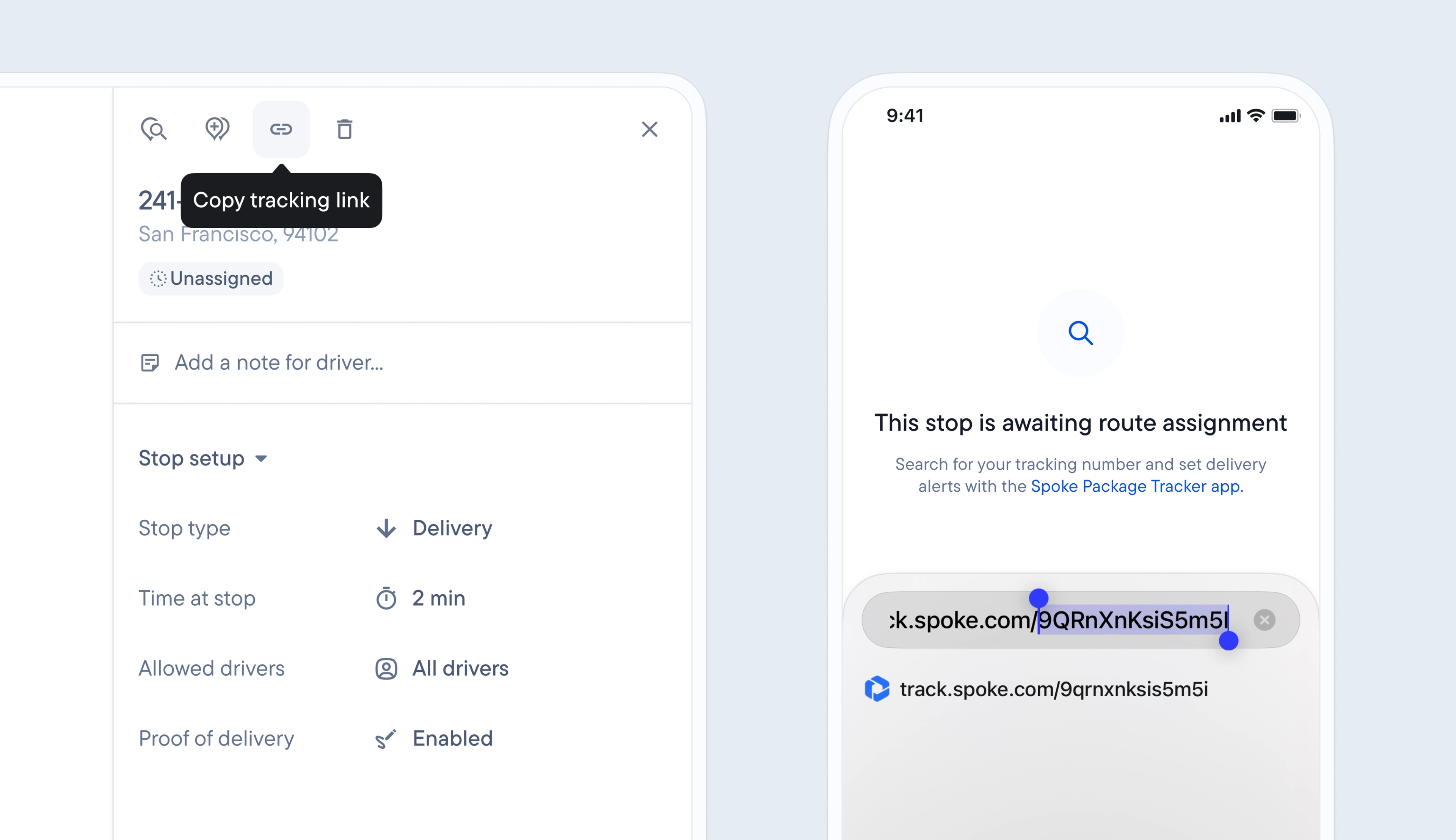 A desktop interface showing a "Copy tracking link" tooltip for a delivery stop, next to a mobile phone displaying the corresponding tracking URL.