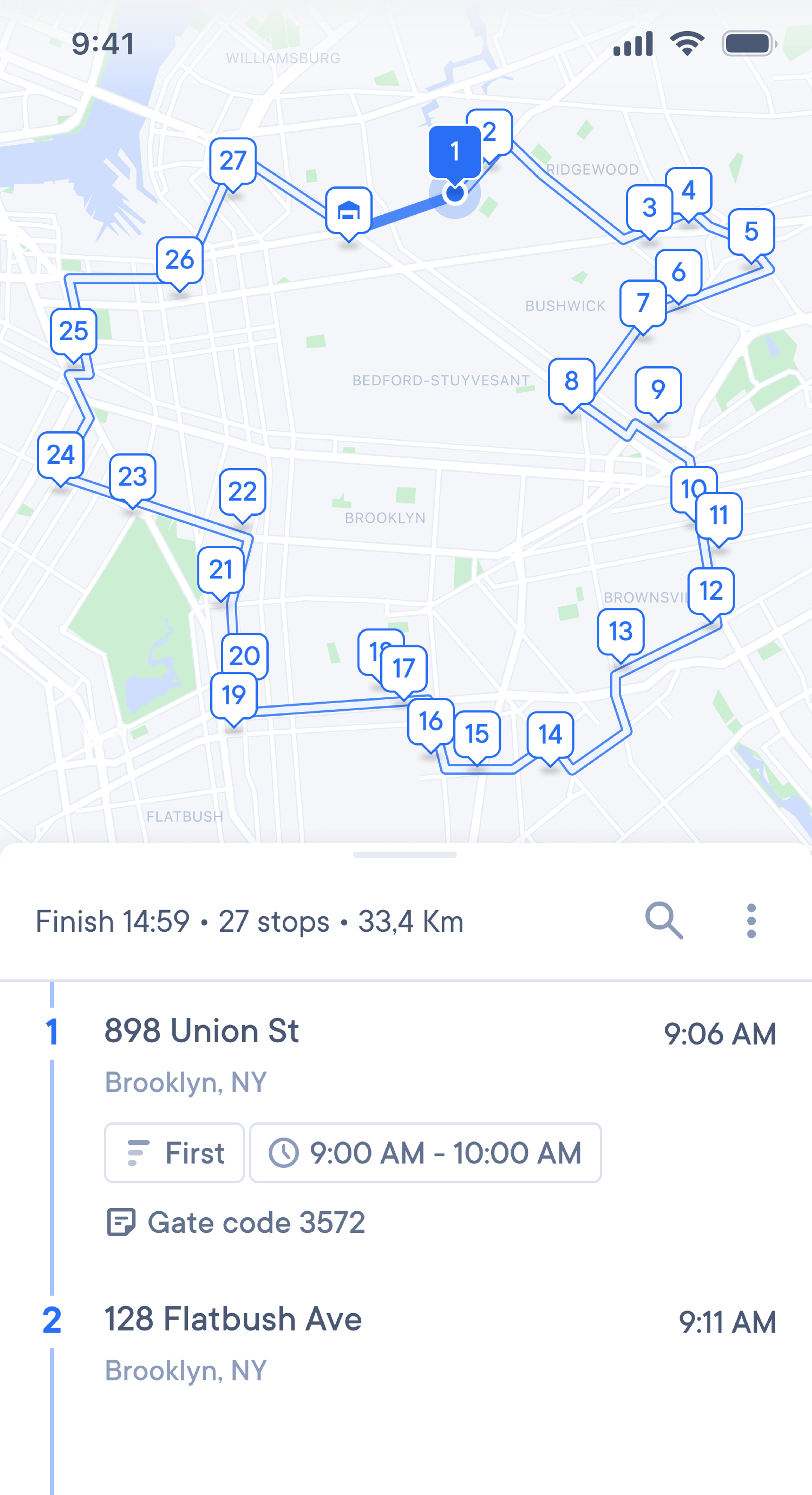 Driver route screen showing a map of 27 numbered stops across Brooklyn, with summary ‘Finish 14:59 • 27 stops • 33.4 km’. Below, Stop 1 at 898 Union St (9:00–10:00 AM / Gate code 3572) scheduled for 9:06 AM, and Stop 2 at 128 Flatbush Ave scheduled for 9:11 AM.