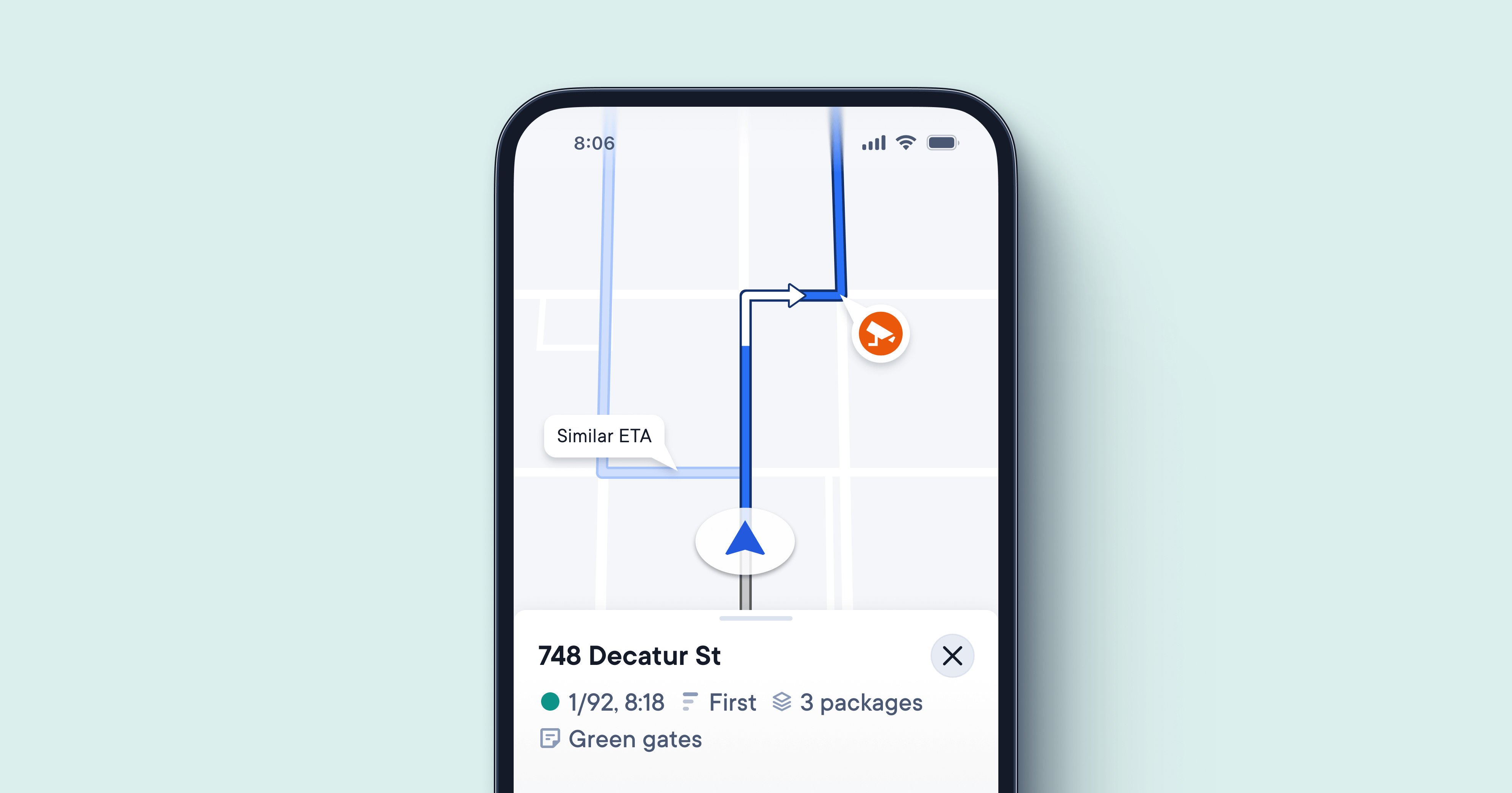 Smartphone navigation screen showing directions to 748 Decatur St with delivery details including ETA, number of packages, and entrance note for green gates.