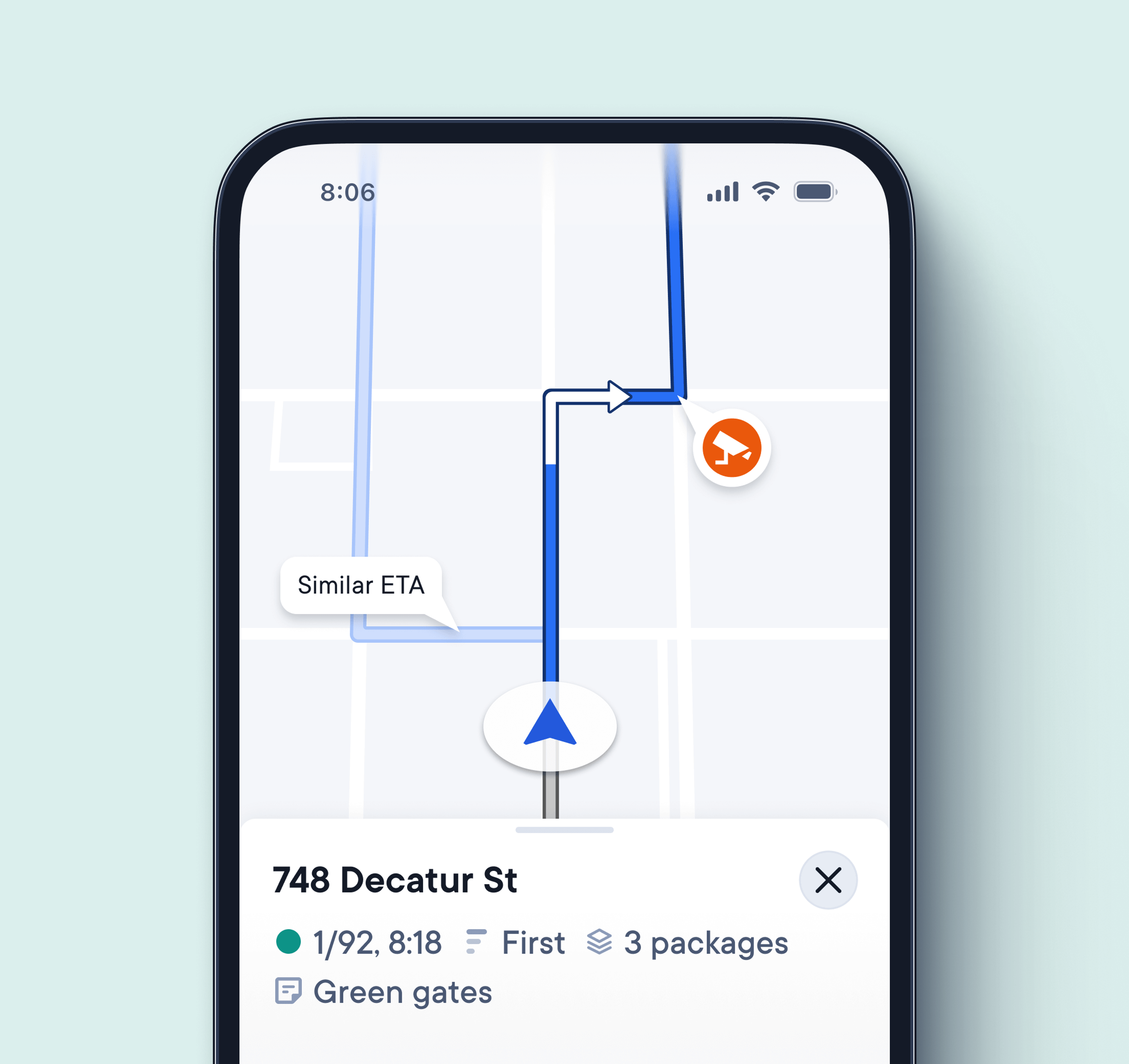Smartphone navigation screen showing directions to 748 Decatur St with delivery details including ETA, number of packages, and entrance note for green gates.