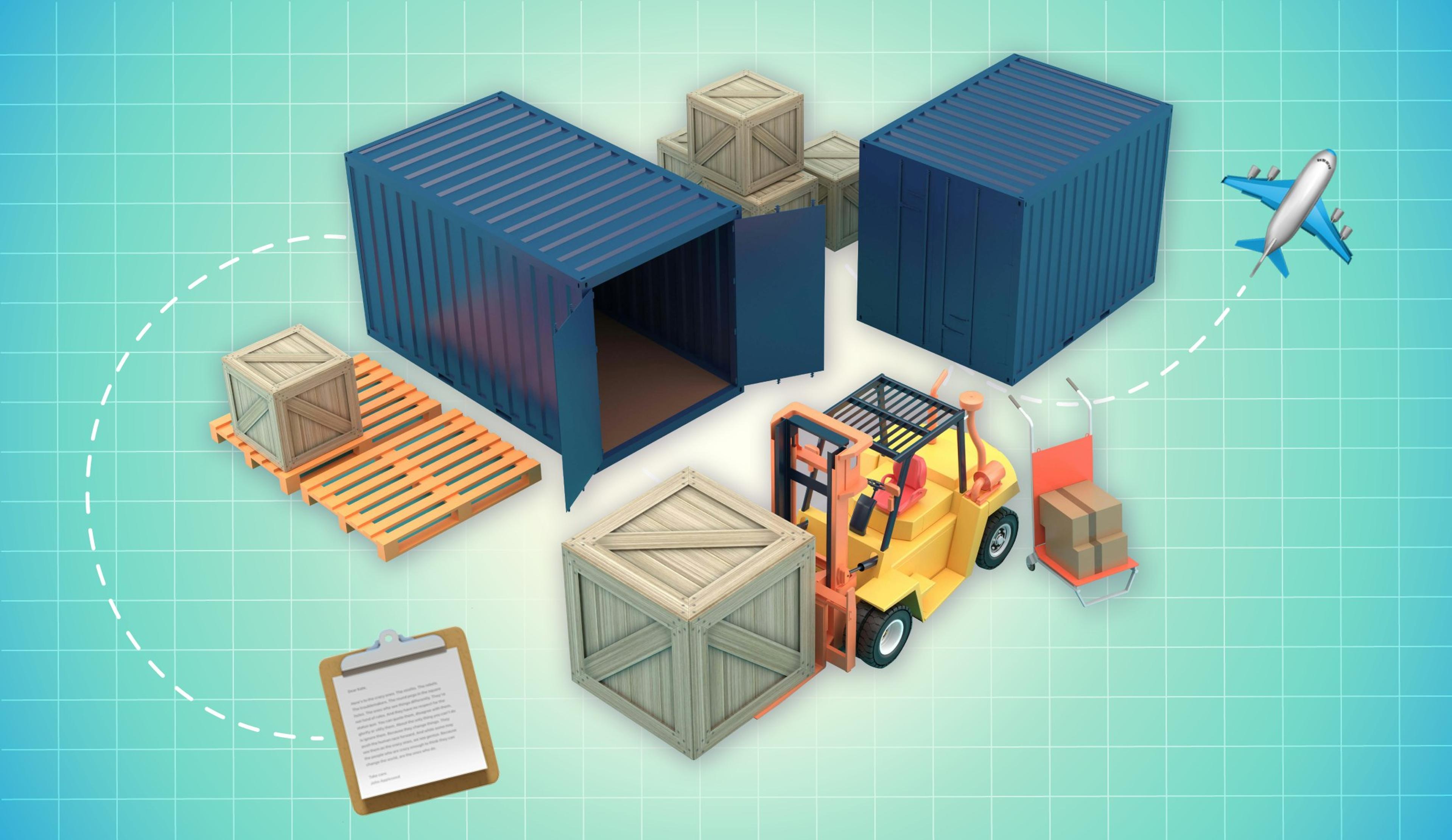 A blue rectangular banner with shipping containers and a forklift truck with a grey crate. An airplane is flying out of the top-right.