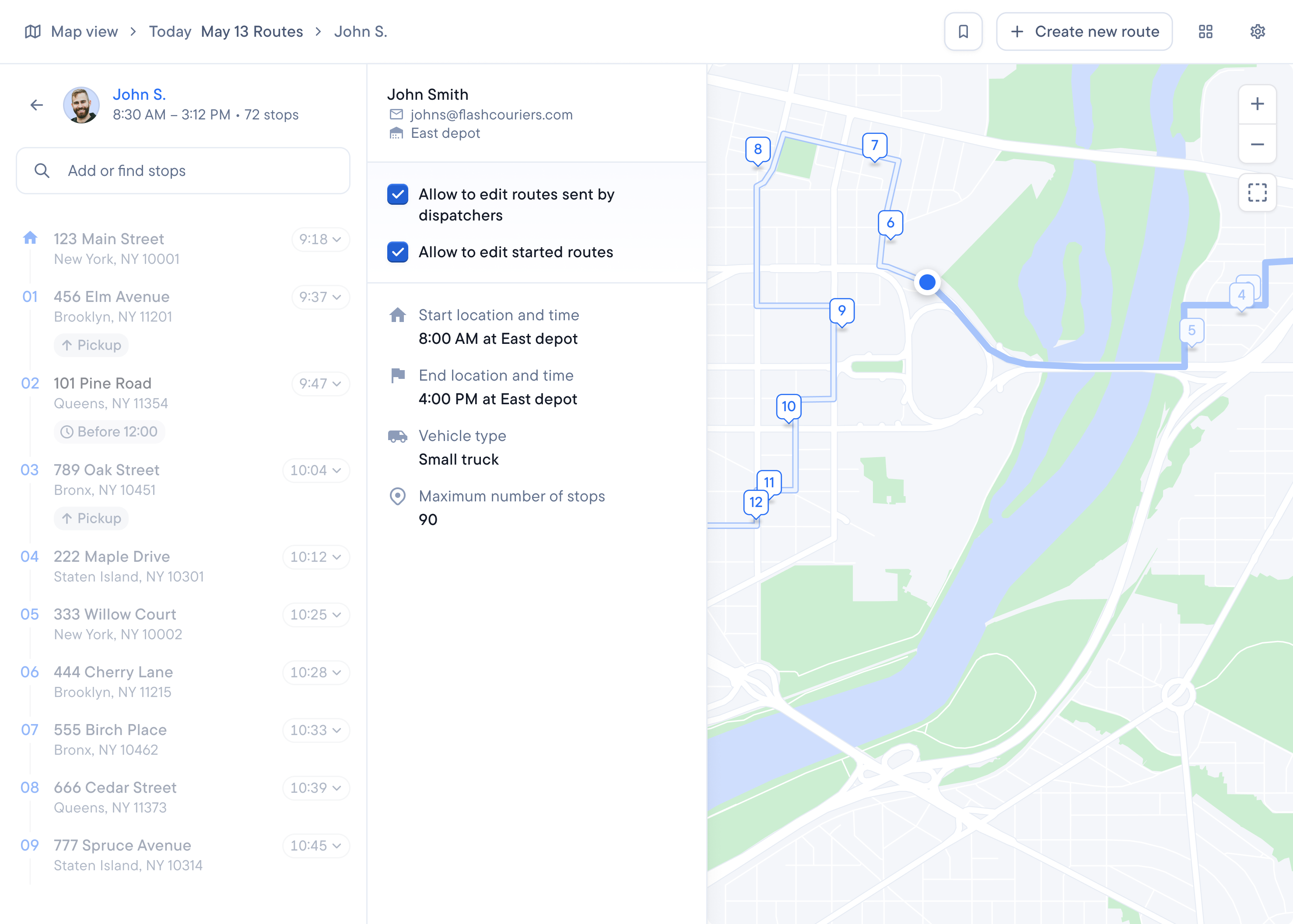 Dispatch interface showing John Smith's 72-stop delivery route on a map and a list of stops.