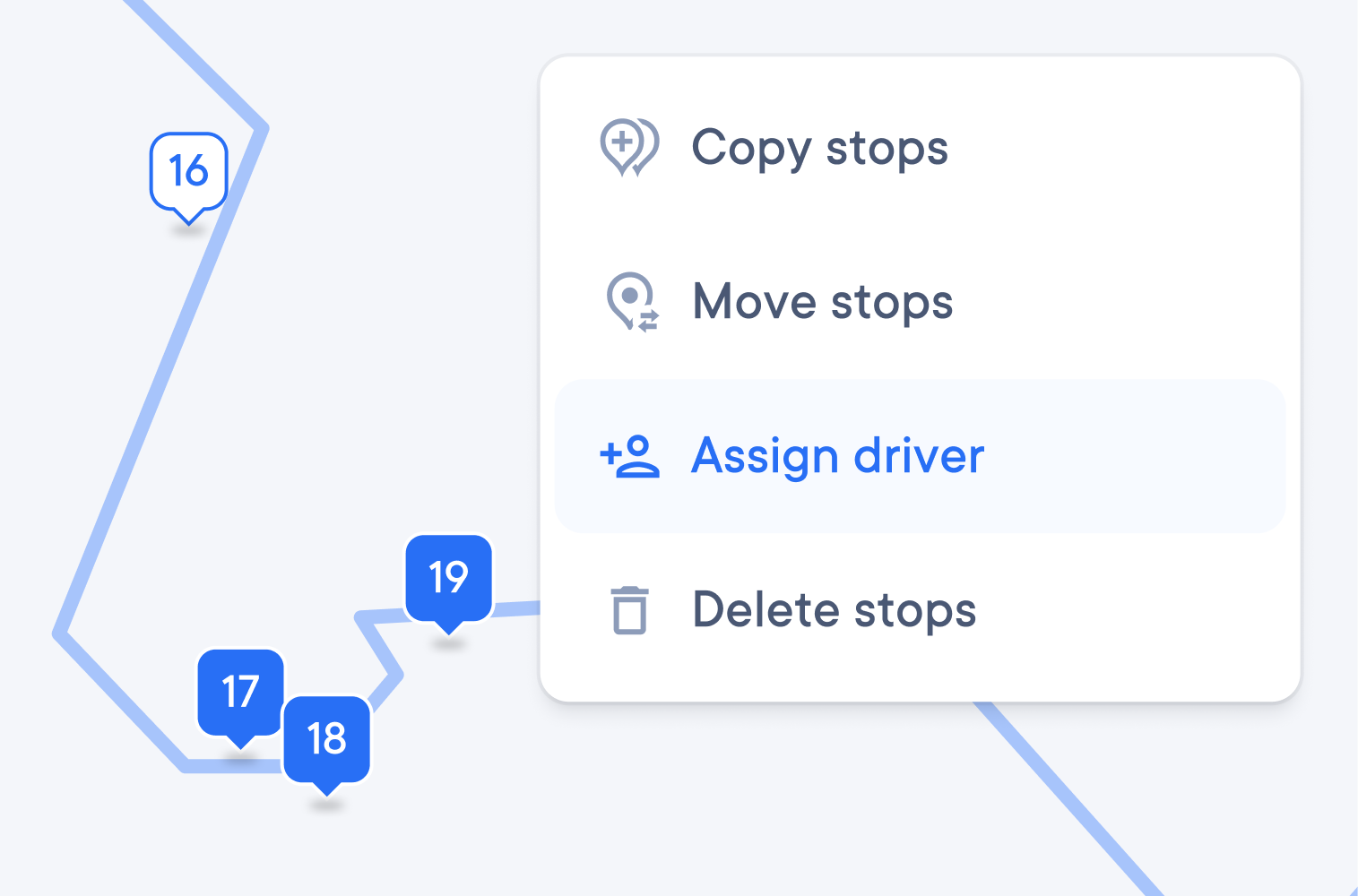 Map with selected stops and a menu to copy, move, assign a driver to, or delete them