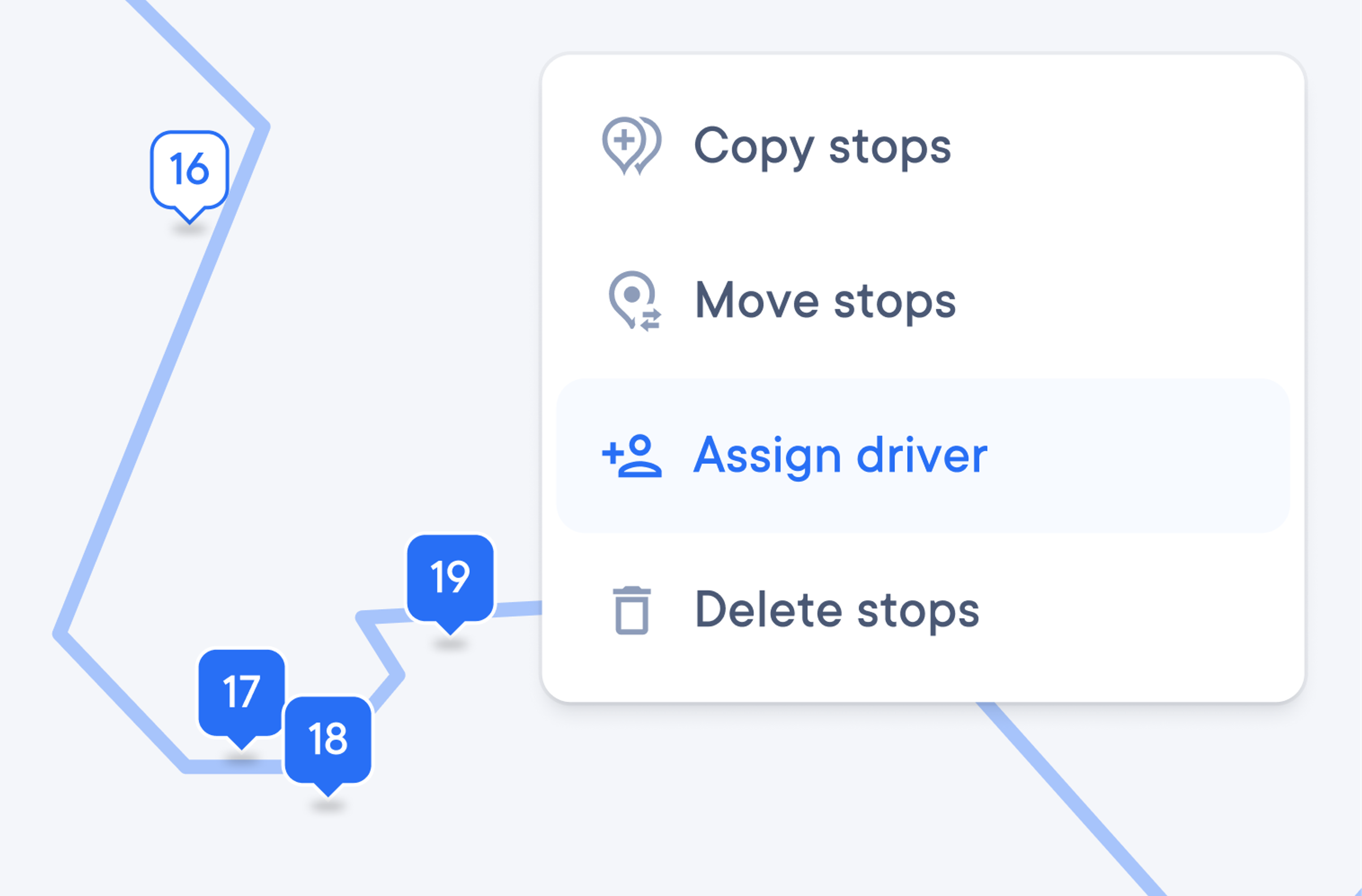 Map with selected stops and a menu to copy, move, assign a driver to, or delete them