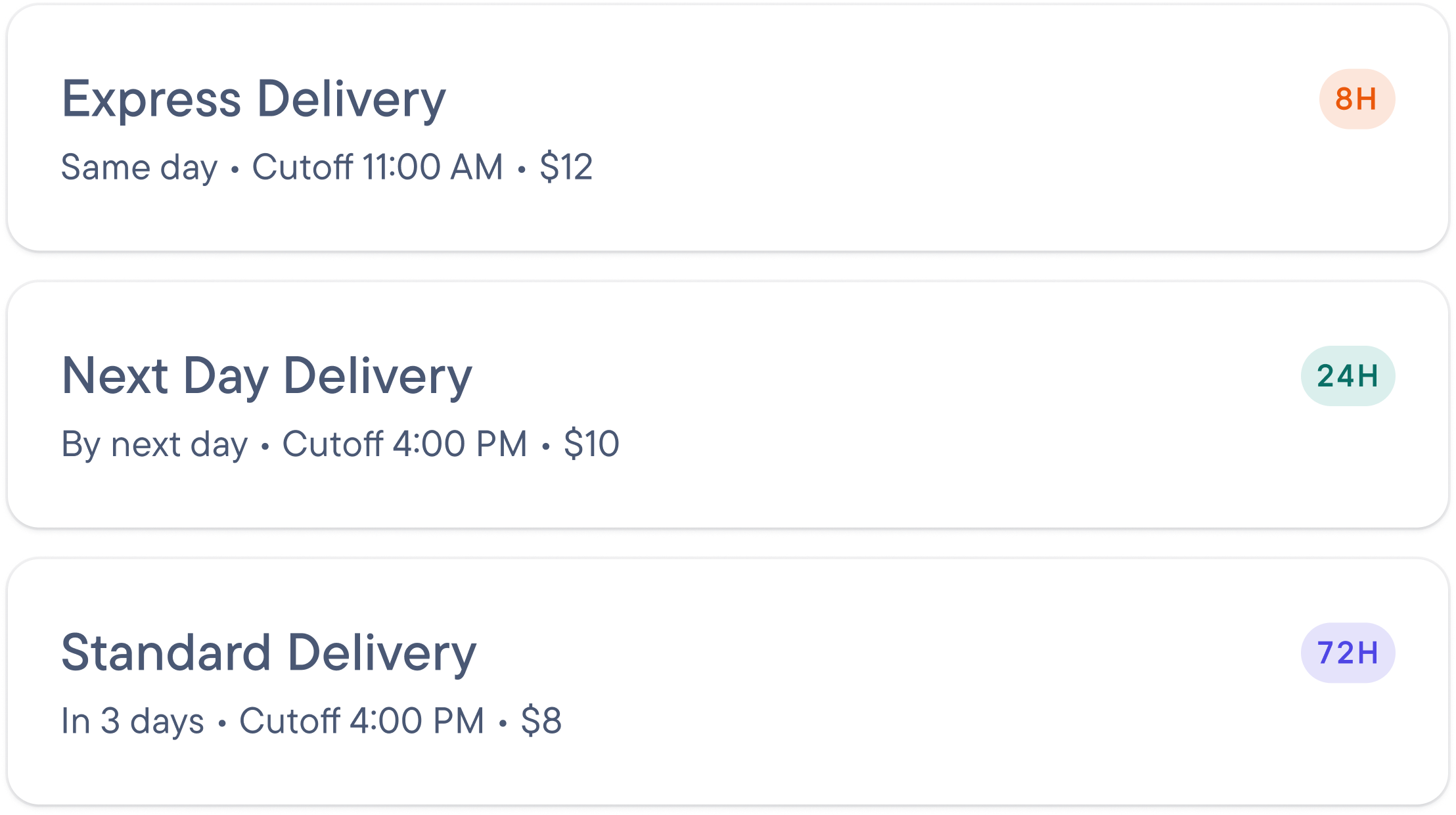 Three delivery options: Express (same day, $12), Next Day (by next day, $10), and Standard (in 3 days, $8), each with a cutoff time and estimated hours.