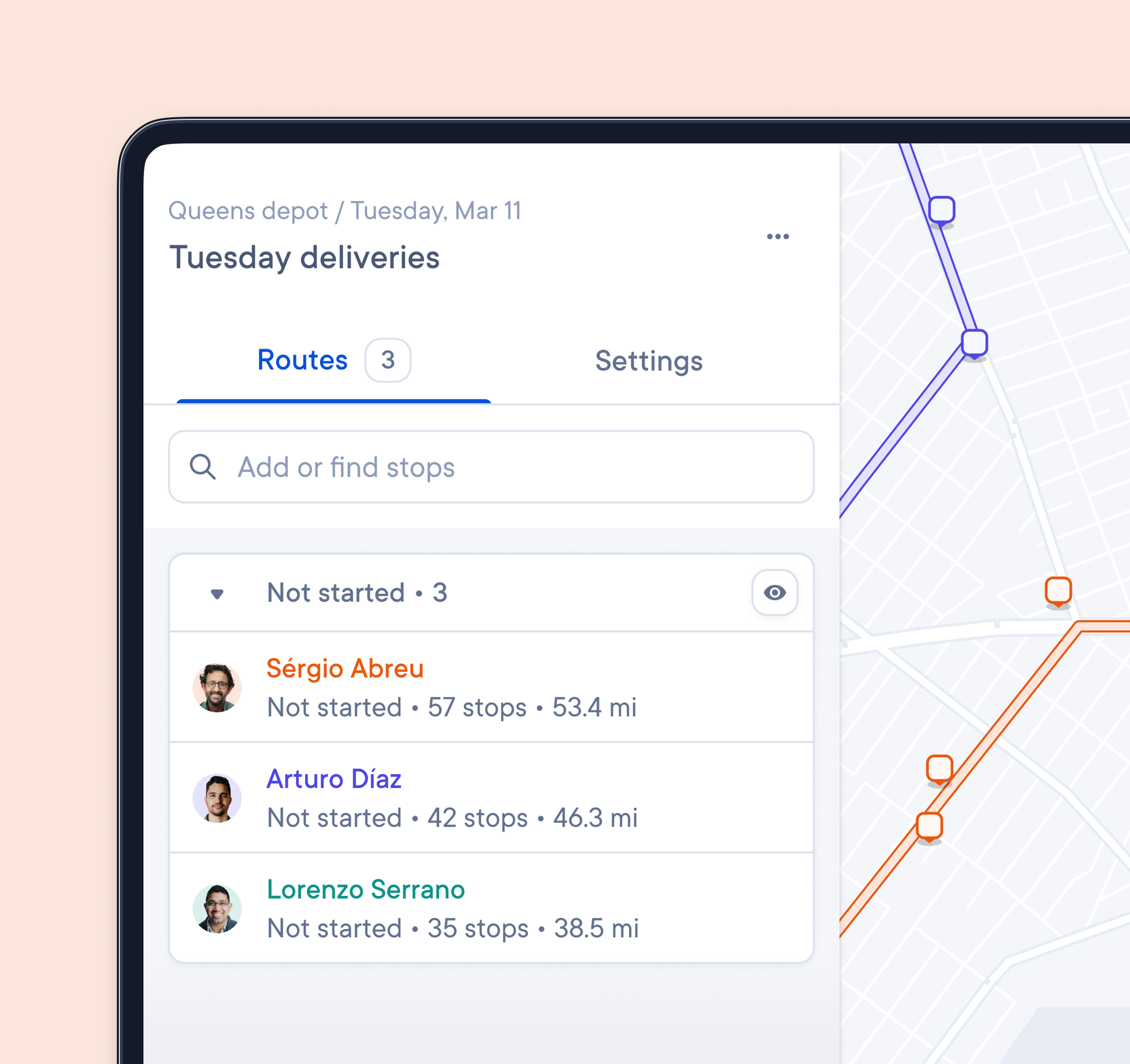 A desktop dashboard interface showing a delivery management system for dispatchers. It displays three drivers with route stats including stops and distances. The map on the right side shows different colored routes corresponding to each driver.