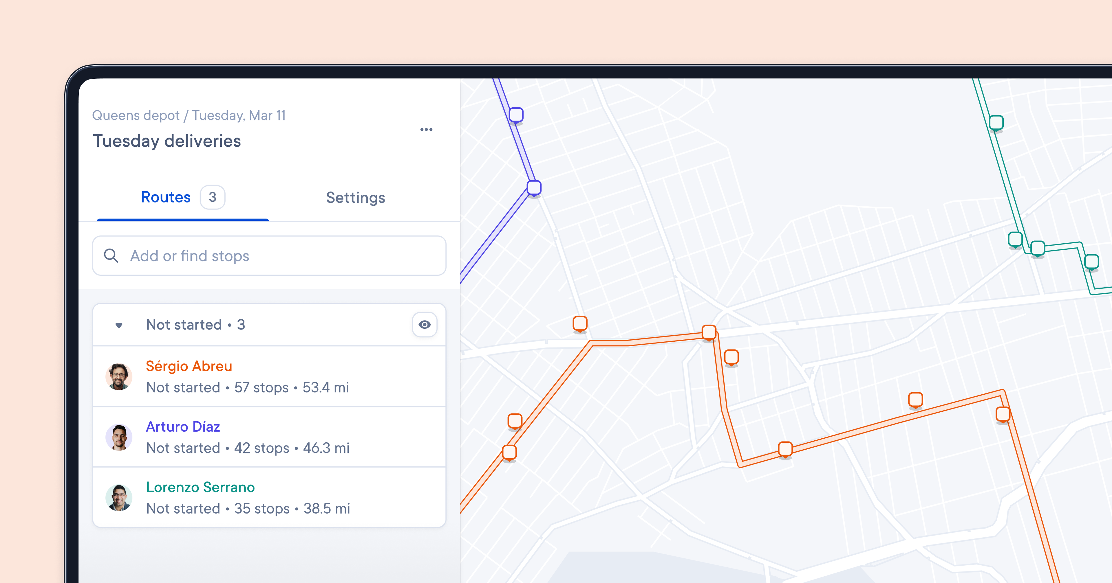 A desktop dashboard interface showing a delivery management system for dispatchers. It displays three drivers with route stats including stops and distances. The map on the right side shows different colored routes corresponding to each driver.