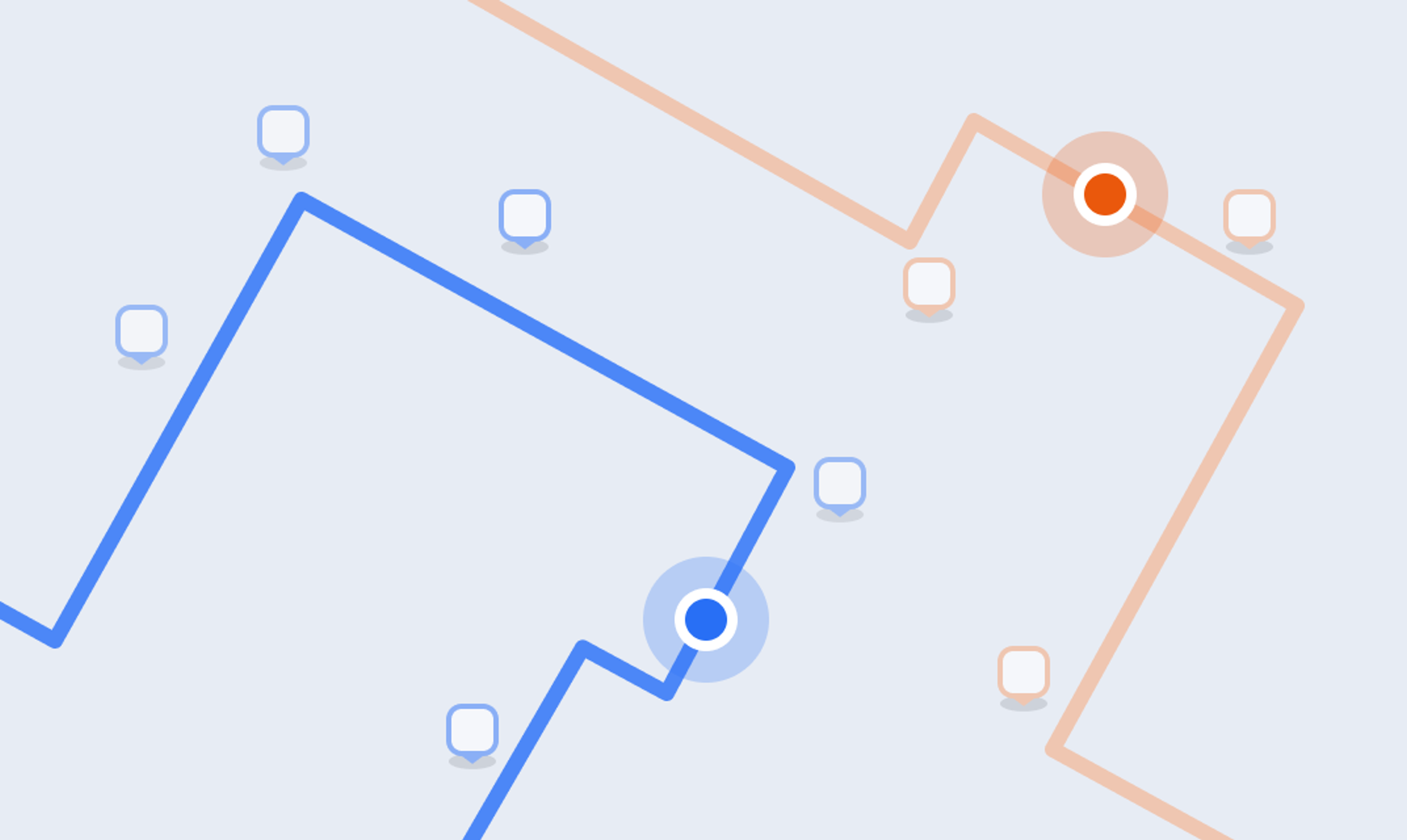 Two intersecting delivery routes on a map: blue and orange lines with highlighted current driver positions and delivery stops.