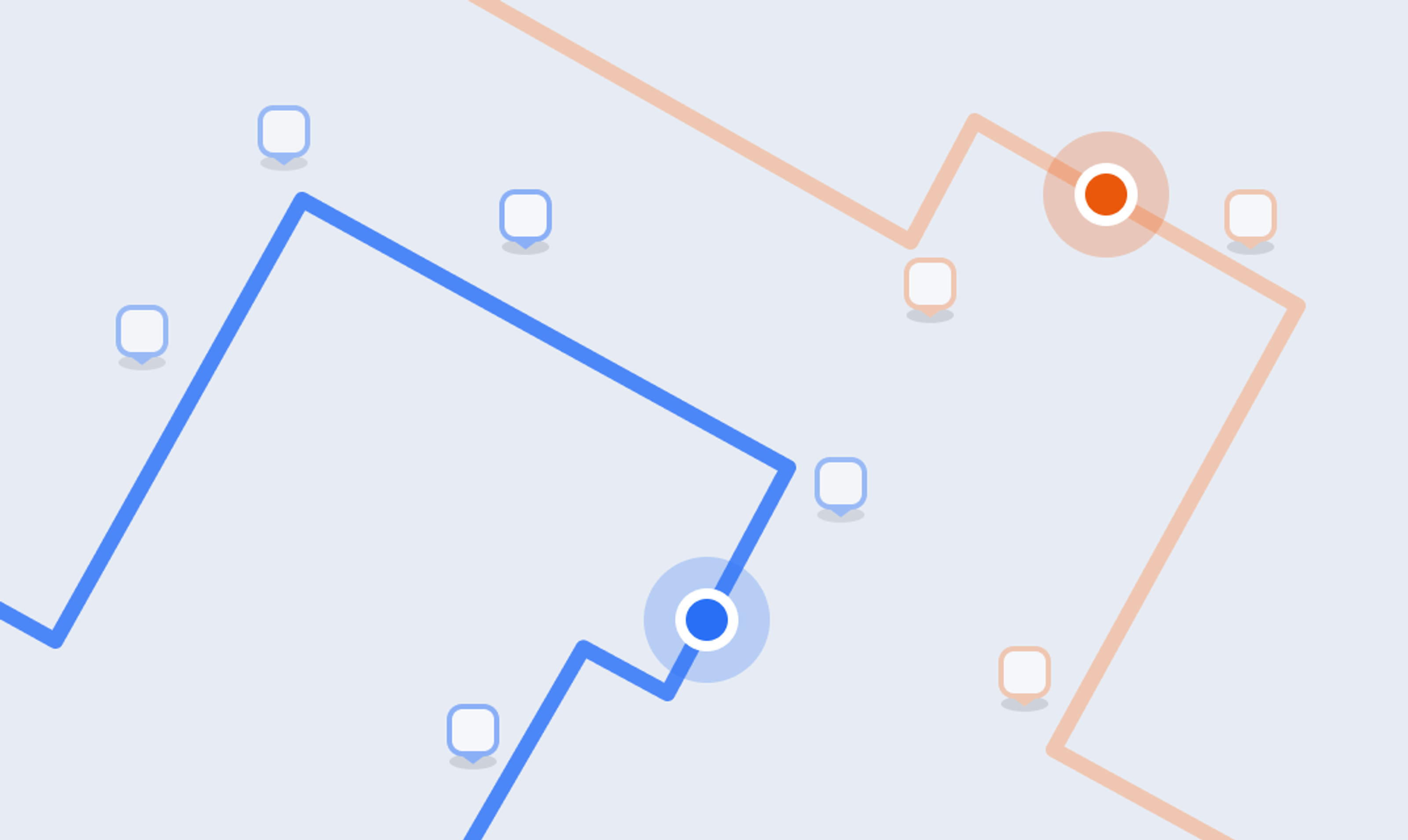 Two intersecting delivery routes on a map: blue and orange lines with highlighted current driver positions and delivery stops.