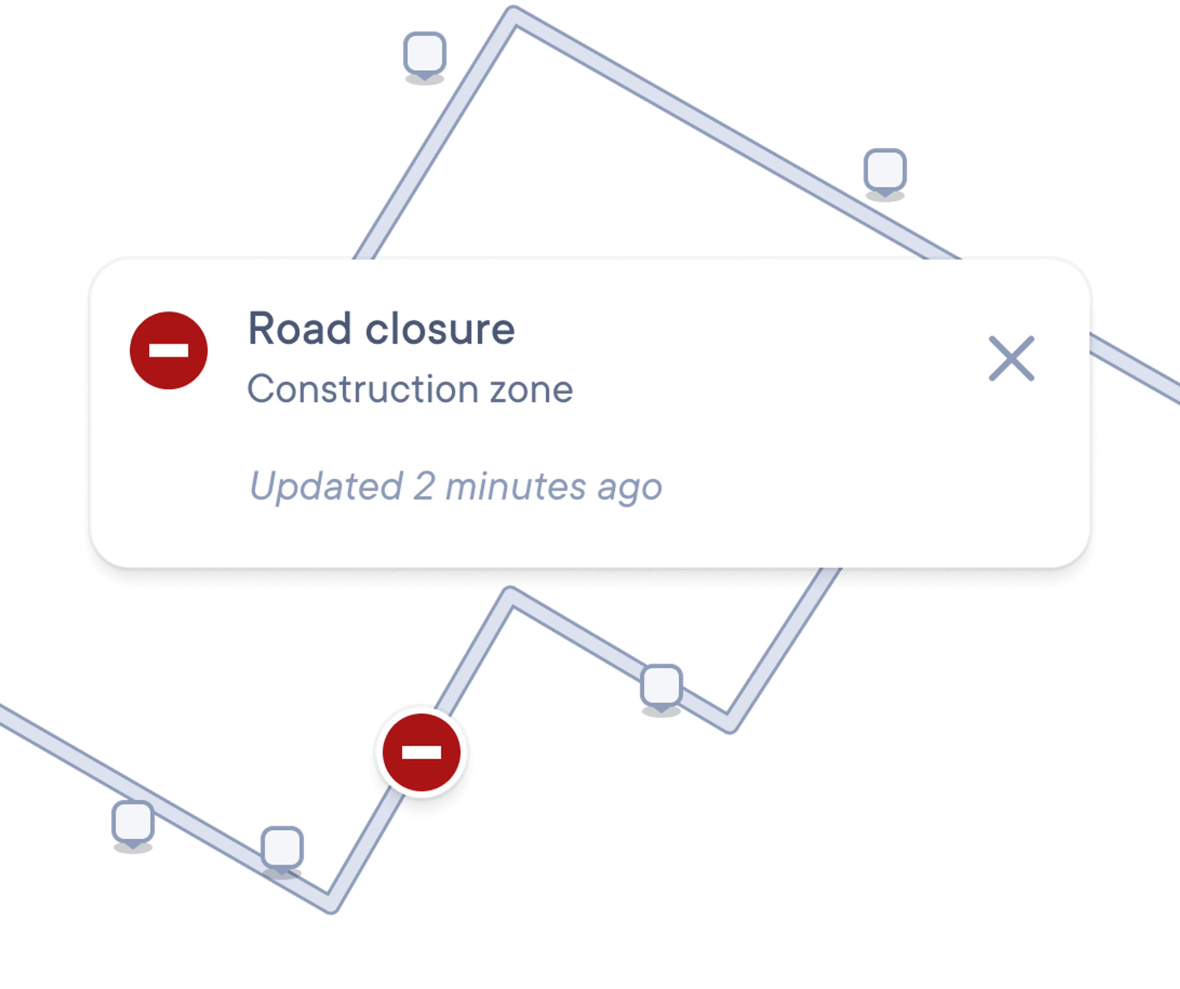 Map interface with a road closure alert reading ‘Road closure - Construction zone’ and showing a reroute notification updated 2 minutes ago.