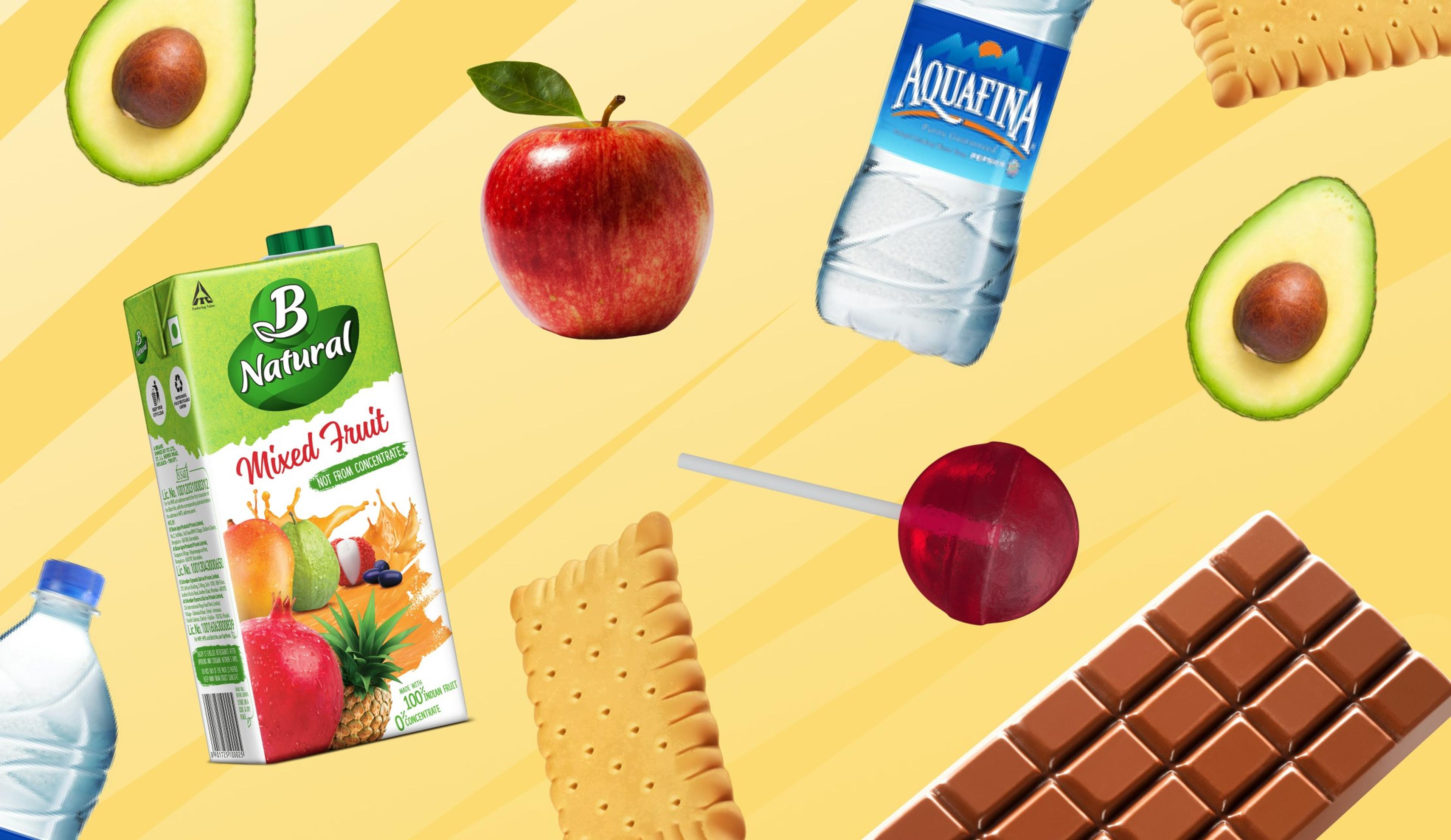 Delivery driver snacks, including an apple, drink, avocdo, chocolate, and water