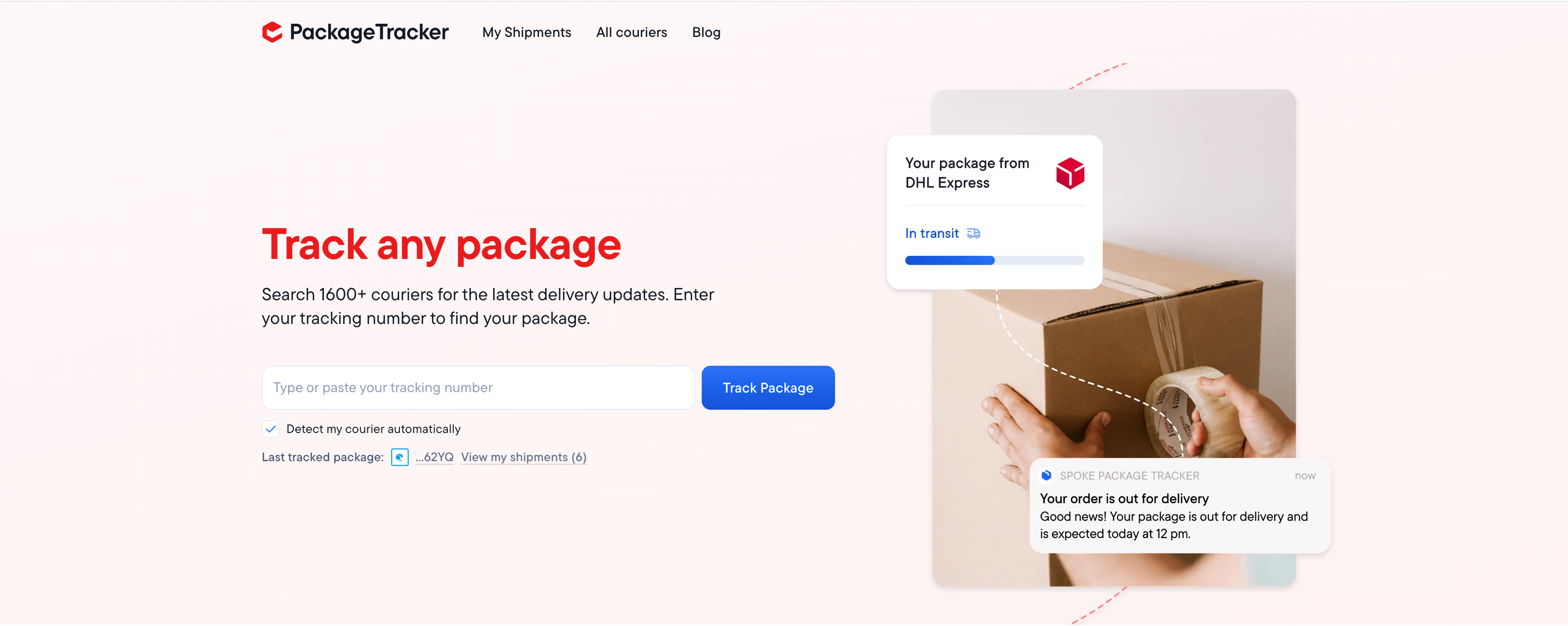 Spoke Package Tracker website showing a tracking input, a box being taped, and pop-up notifications about package delivery status.