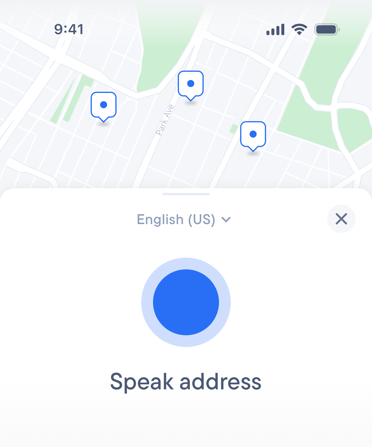 Delivery app with map with pinned locations and a address voice input interface 