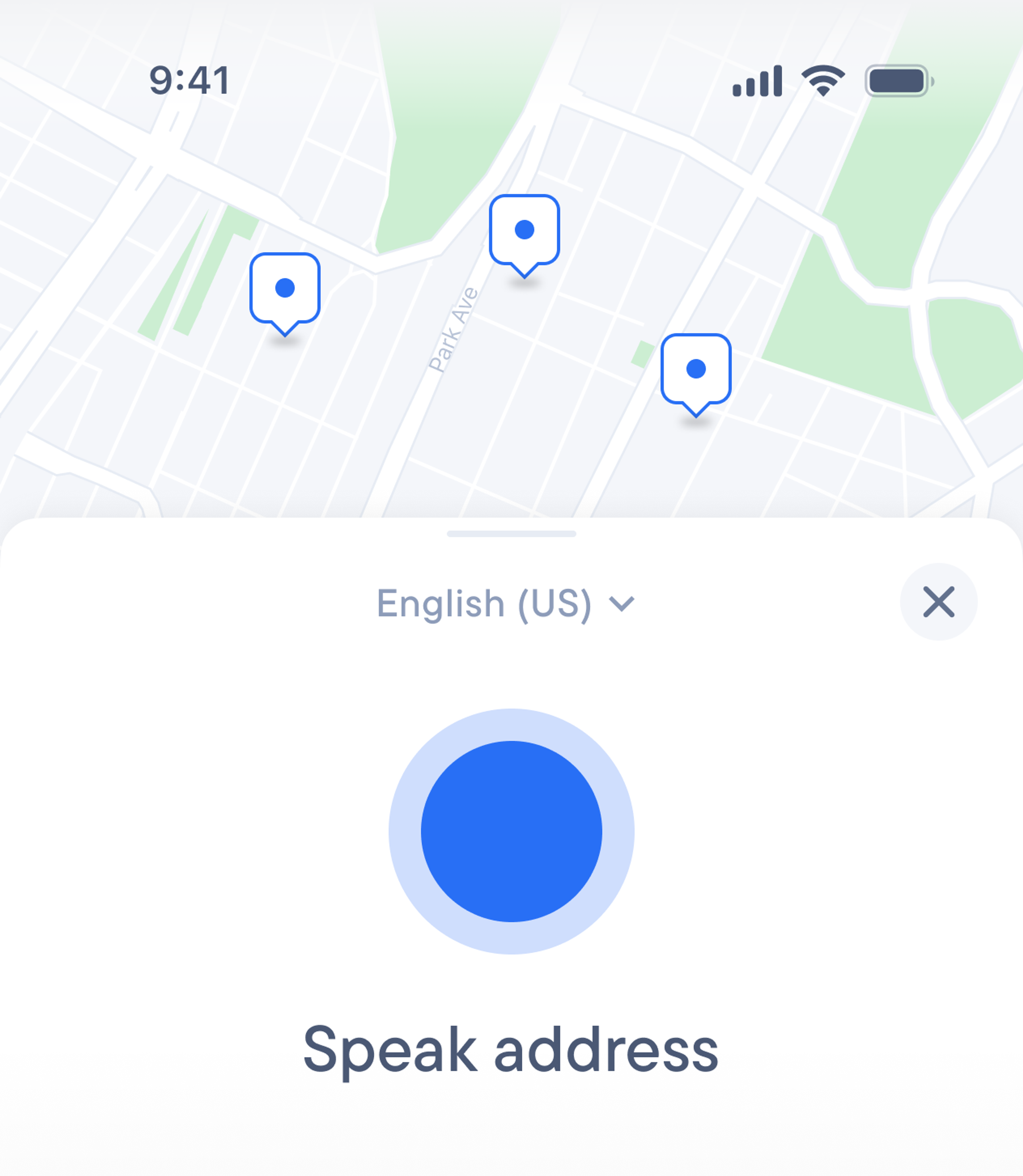 Delivery app with map with pinned locations and a address voice input interface