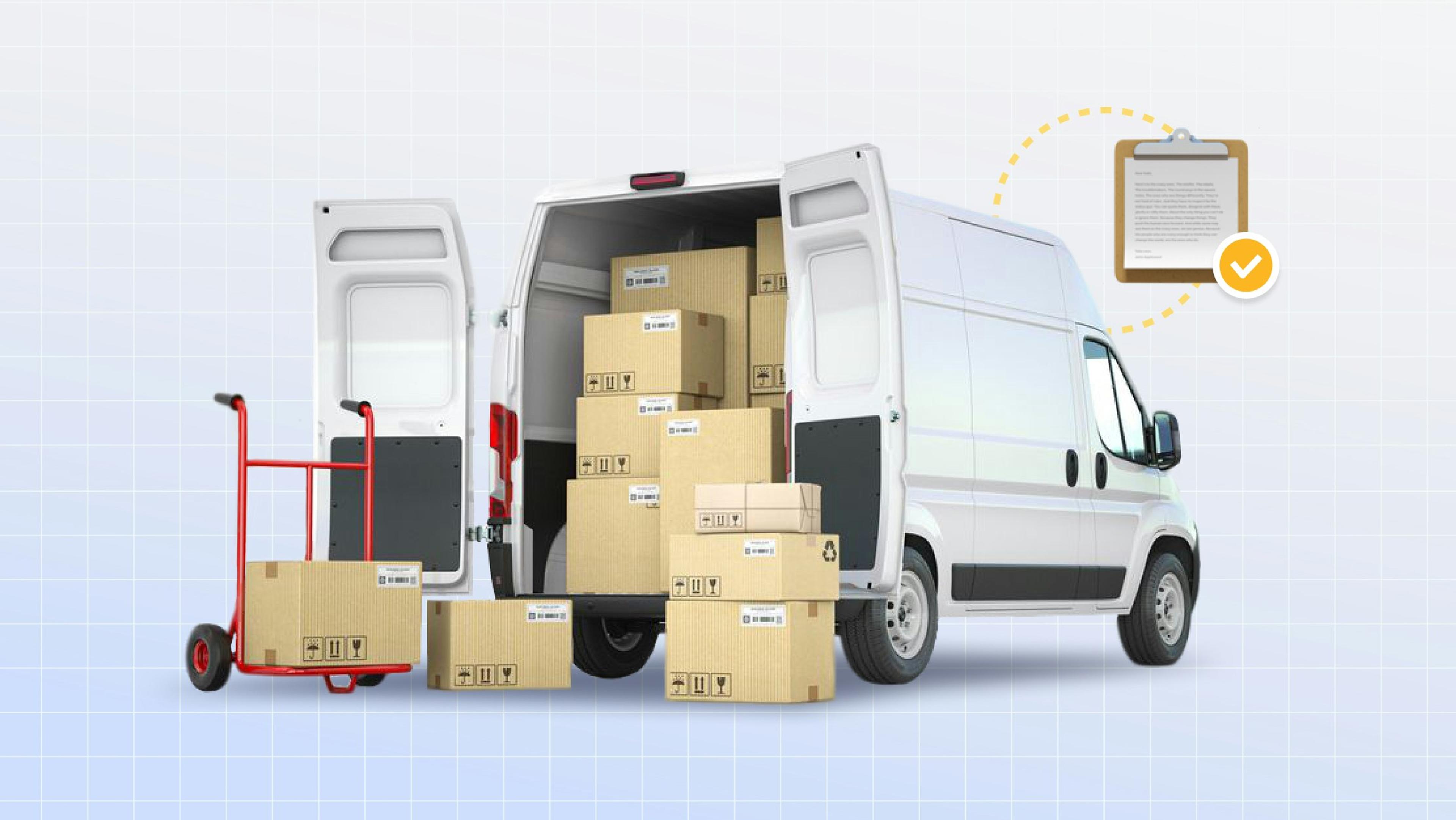 Van with its rear doors open with boxes being loaded in