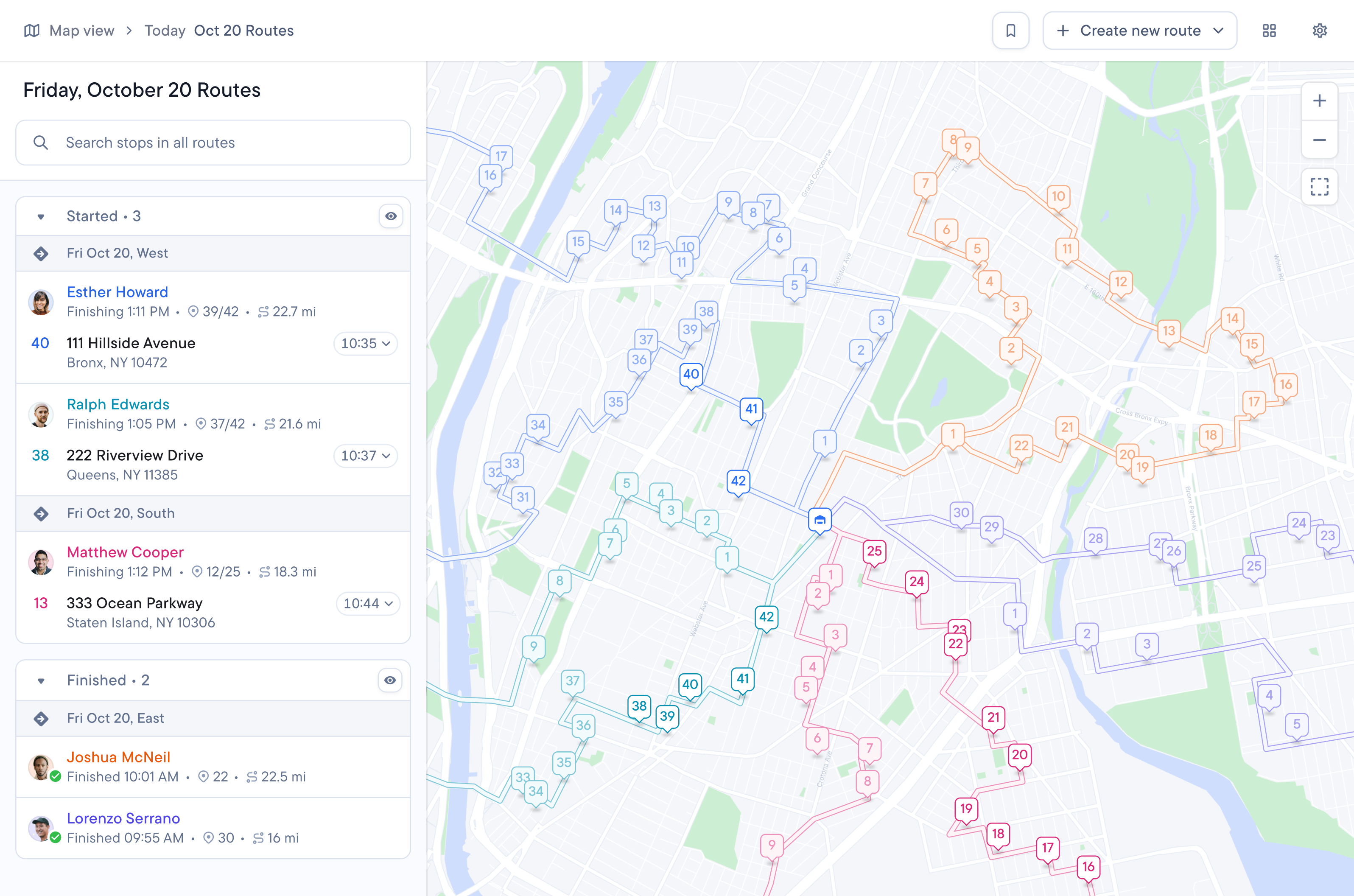 Dispatch showing a map with multiple colored routes and numbered stops, alongside a sidebar listing driver details and route statuses.