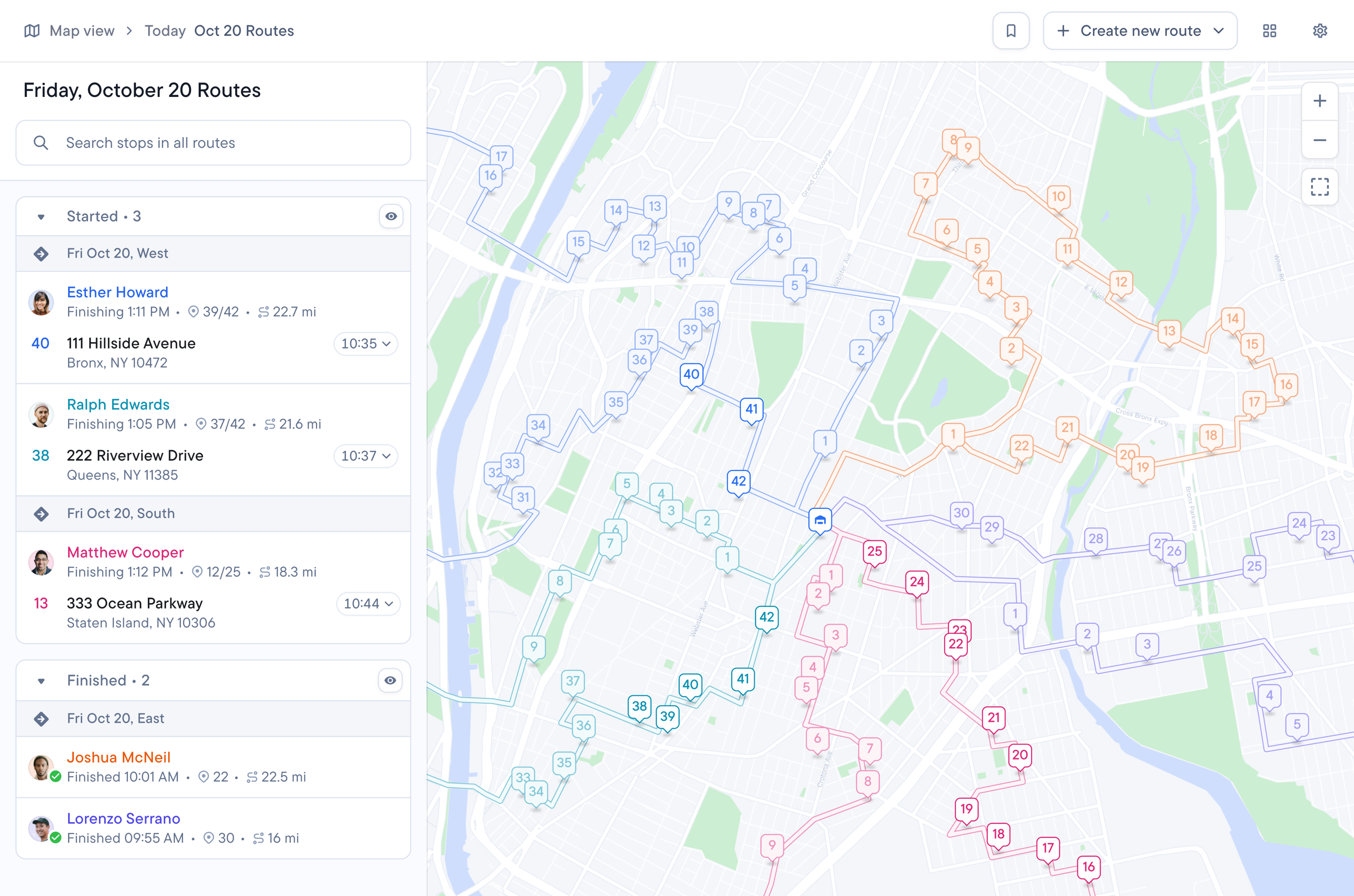 Dispatch showing a map with multiple colored routes and numbered stops, alongside a sidebar listing driver details and route statuses.