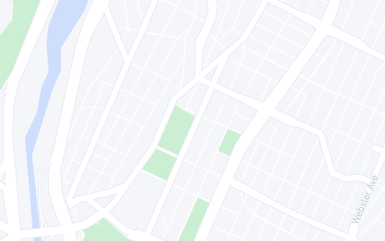 A minimalist map showing city streets, a river, and parks