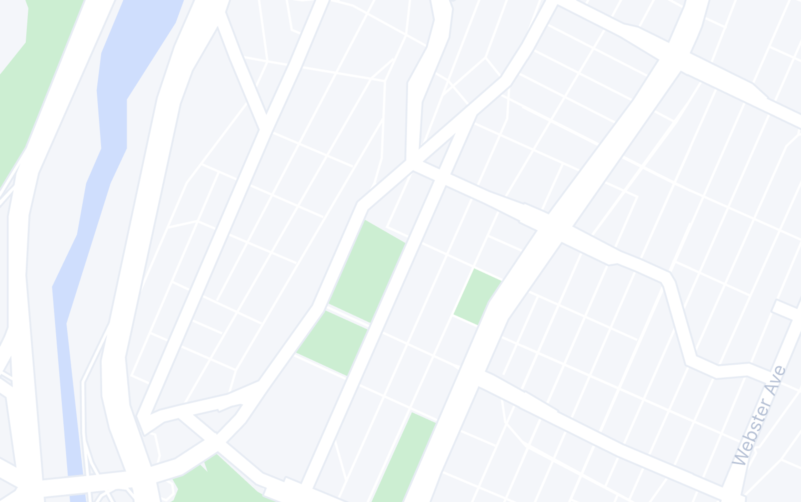 A minimalist map showing city streets, a river, and parks