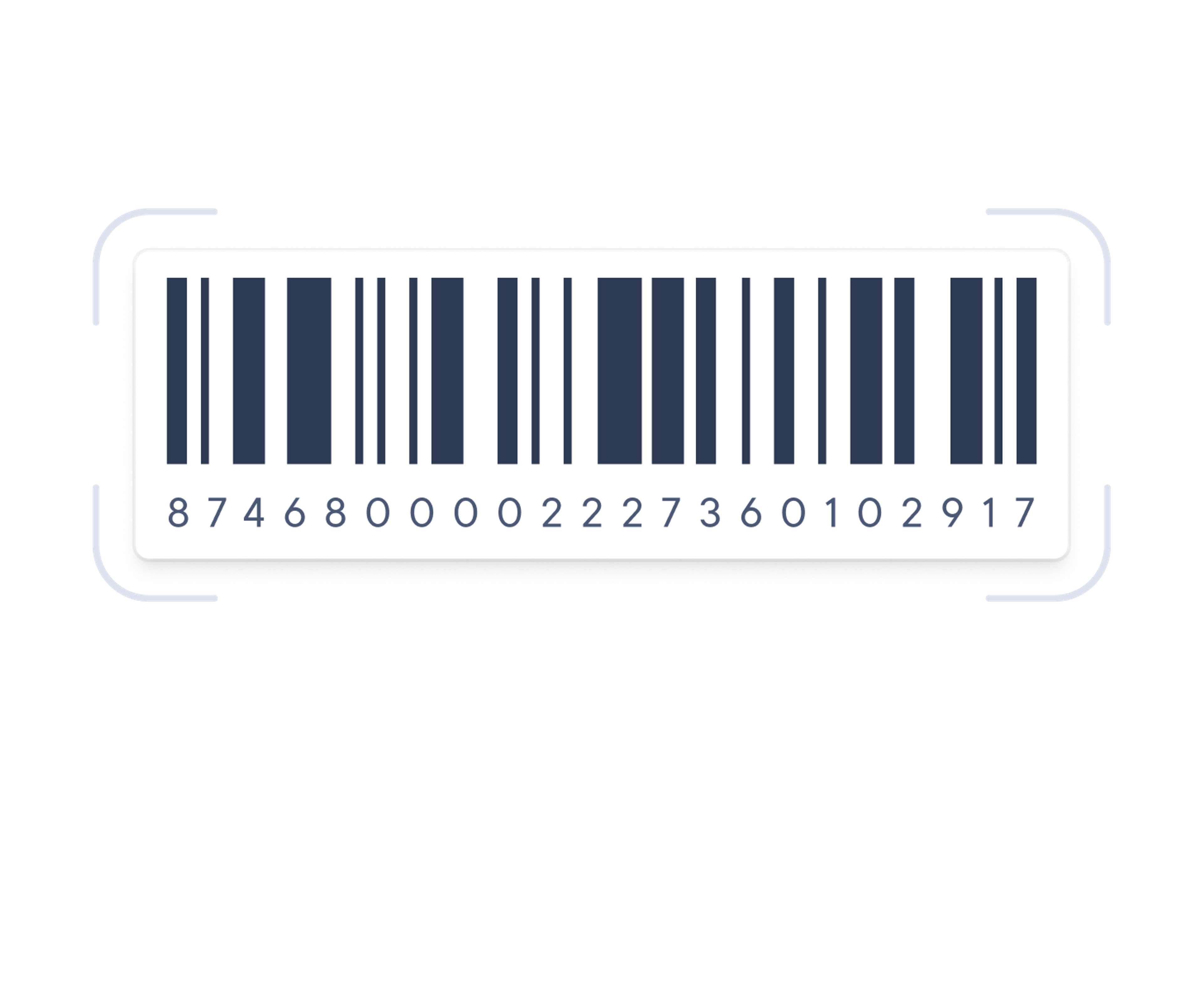 Scannable barcode with the numeric code 874680002227360102917 displayed beneath, surrounded by a digital scanning frame.