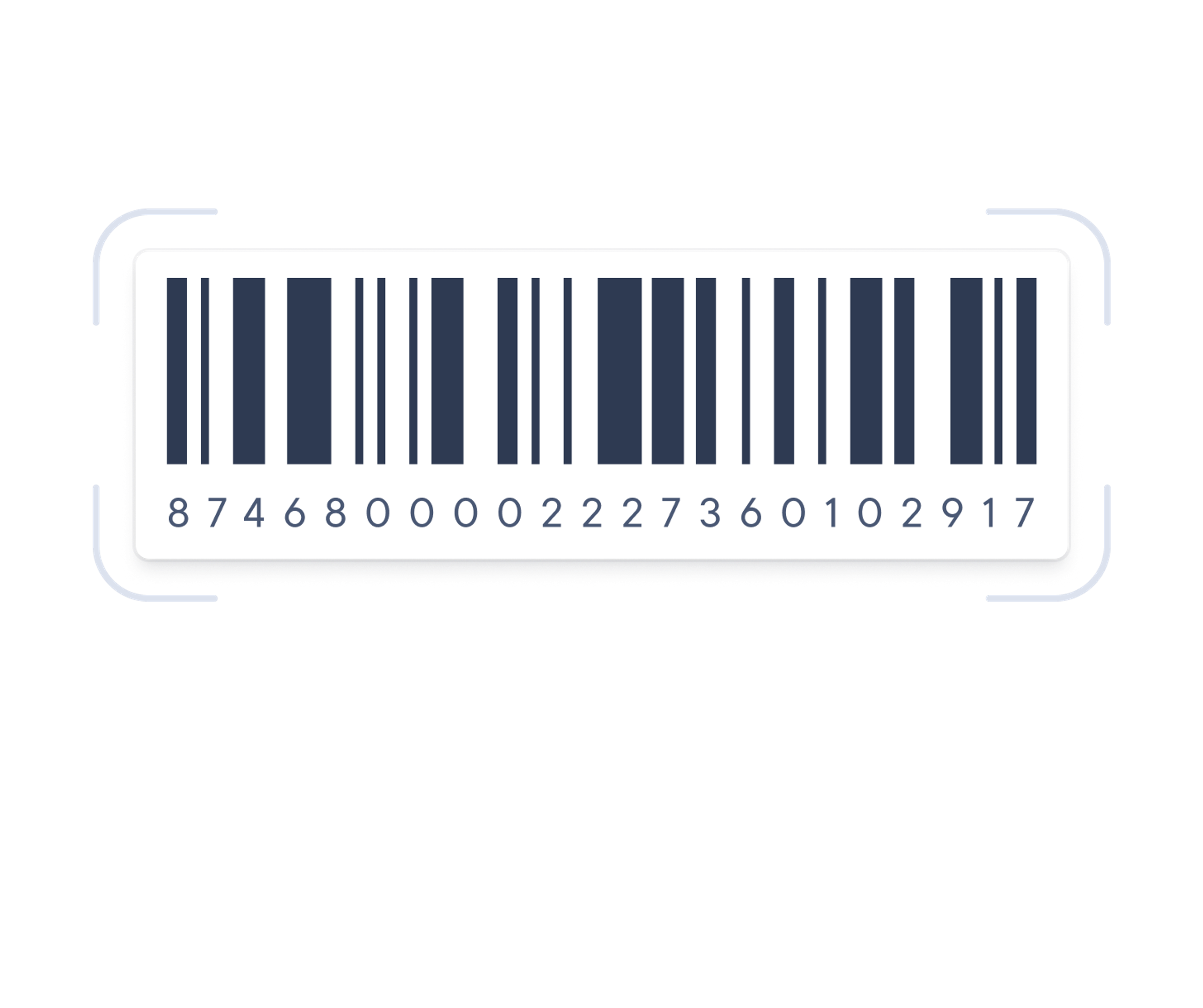 Scannable barcode with the numeric code 874680002227360102917 displayed beneath, surrounded by a digital scanning frame.