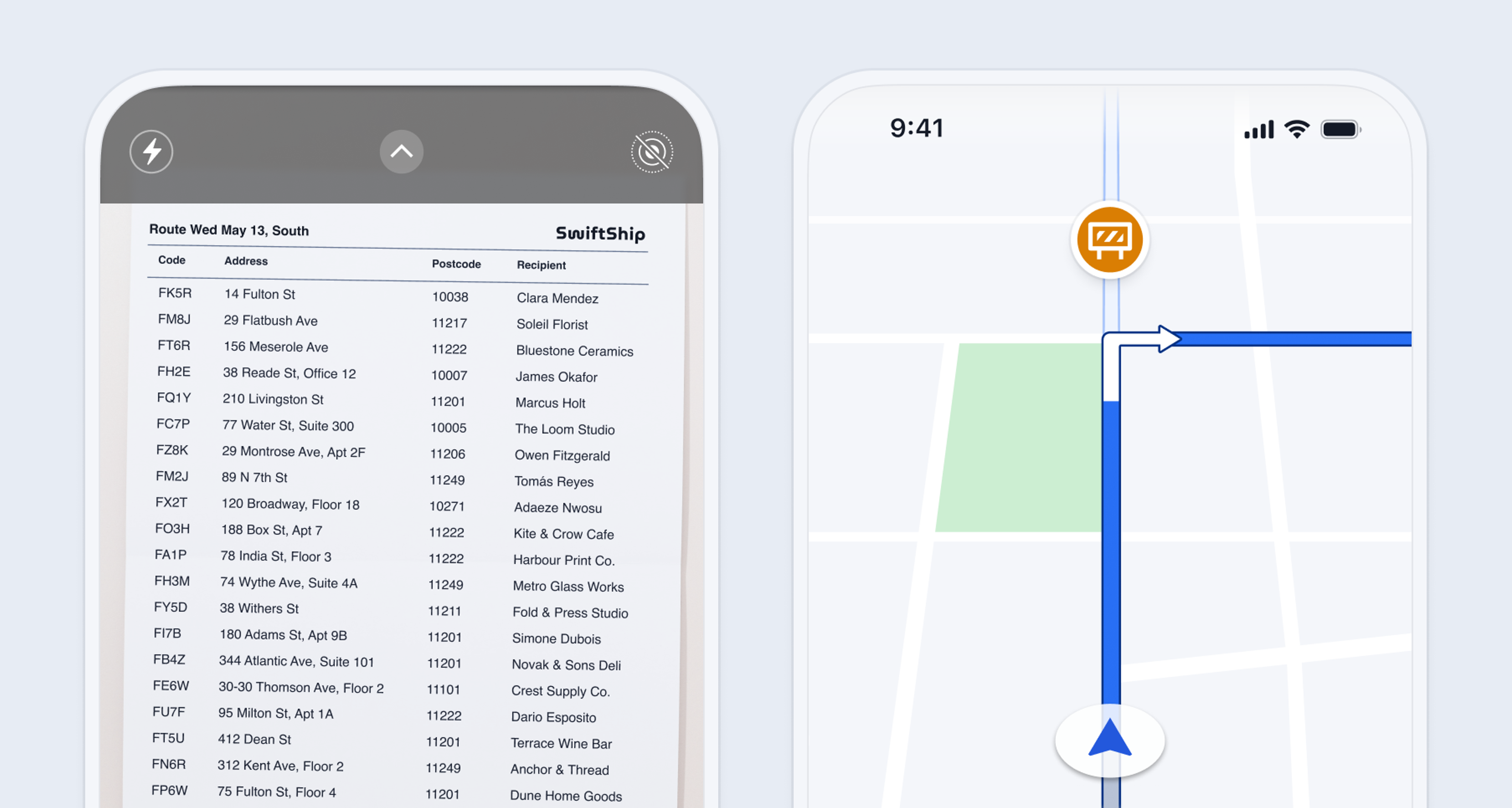Two phone screens display Spoke Route Planner: a route list on the left and a map navigation on the right.