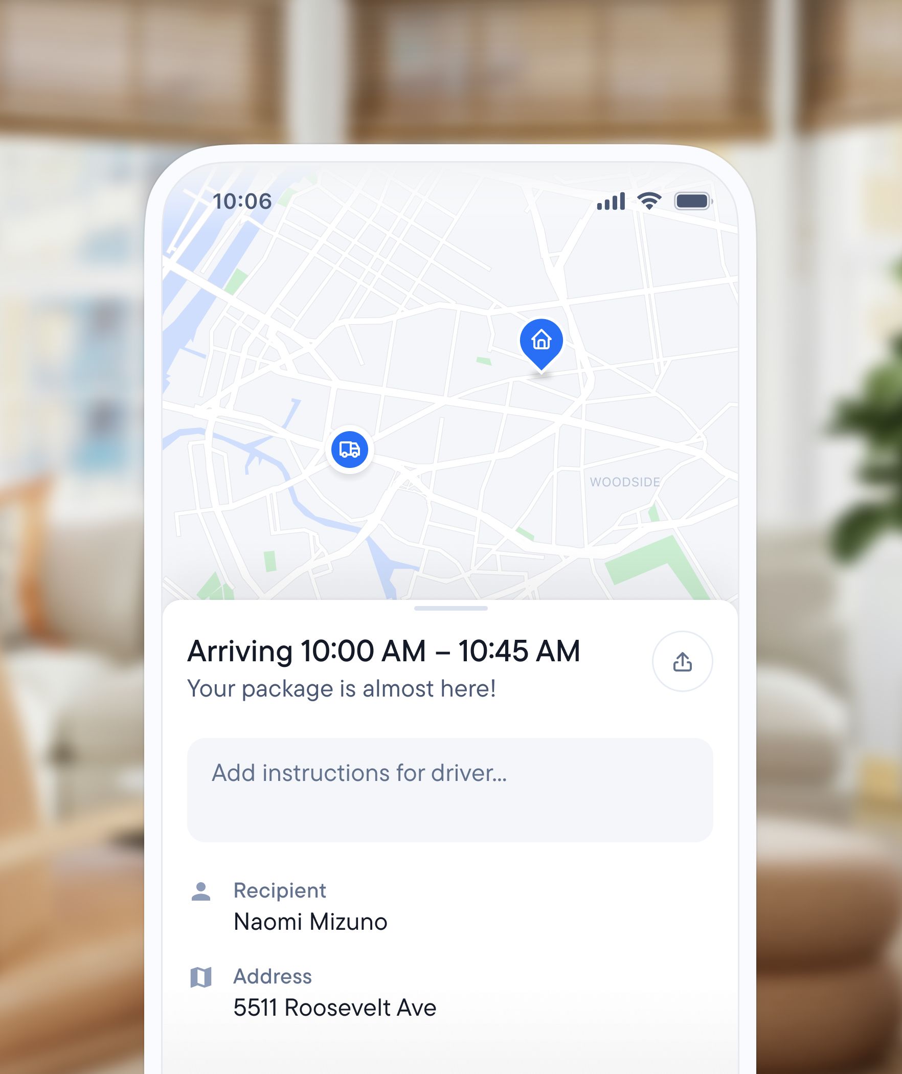 Mobile delivery tracking screen showing an order en route, with estimated arrival time, live vehicle tracking, and space for driver instructions.