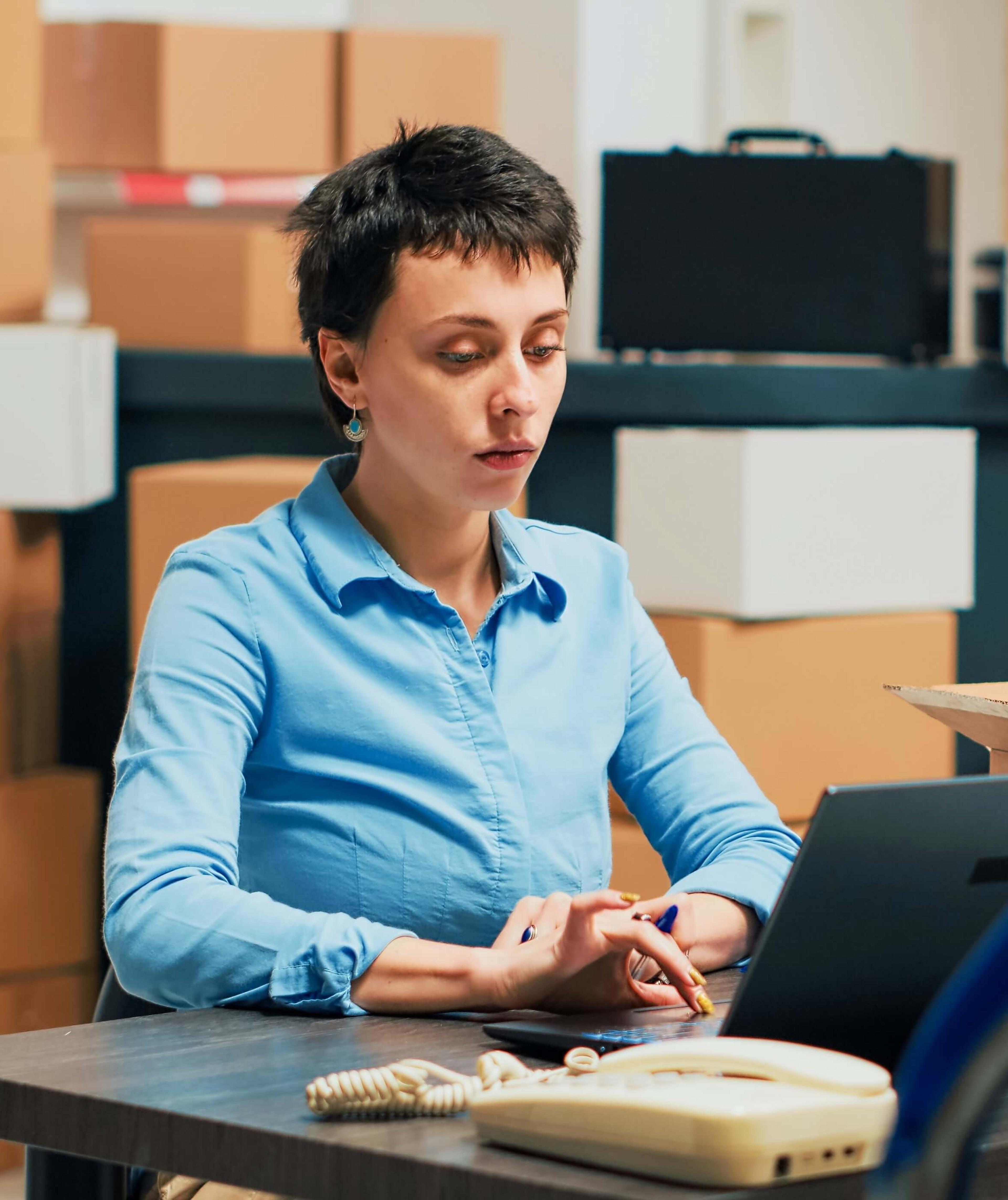 A woman wearing a blue blouse working on a laptop in a logistics warehouse, surrounded by cardboard boxes and a retro landline phone on the desk.