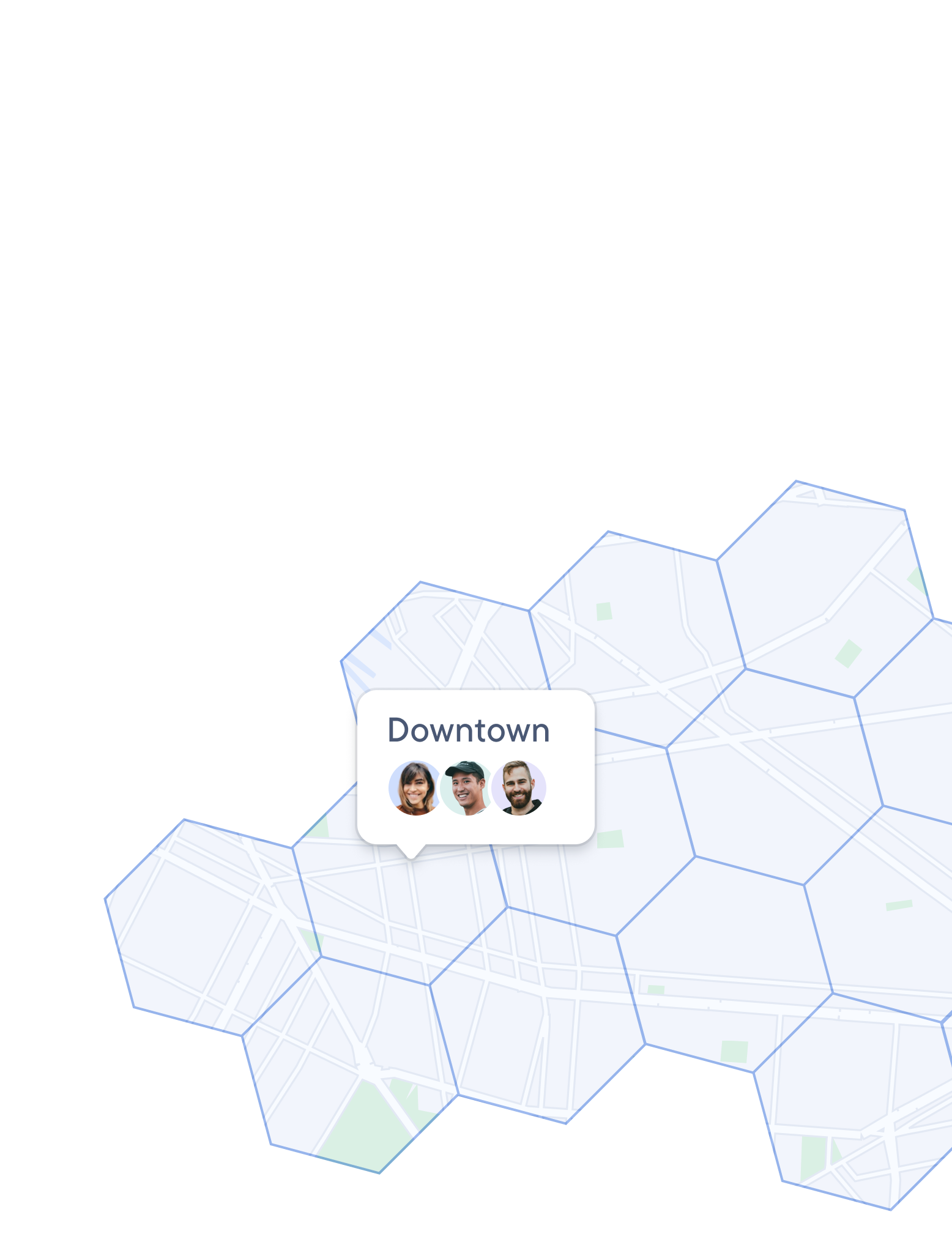 Highlighted zone on a map with a "Downtown" label and three assigned drivers.