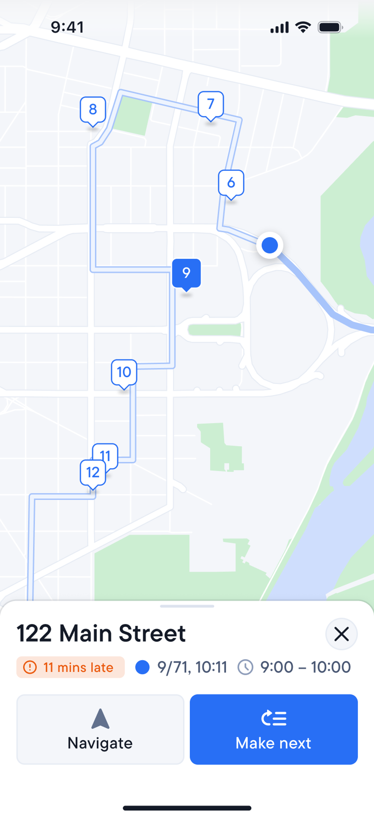 Spoke Route Planner showing a multi-stop route on a map with numbered pins 6-12, and a bottom panel indicating "122 Main Street" is 11 minutes late.