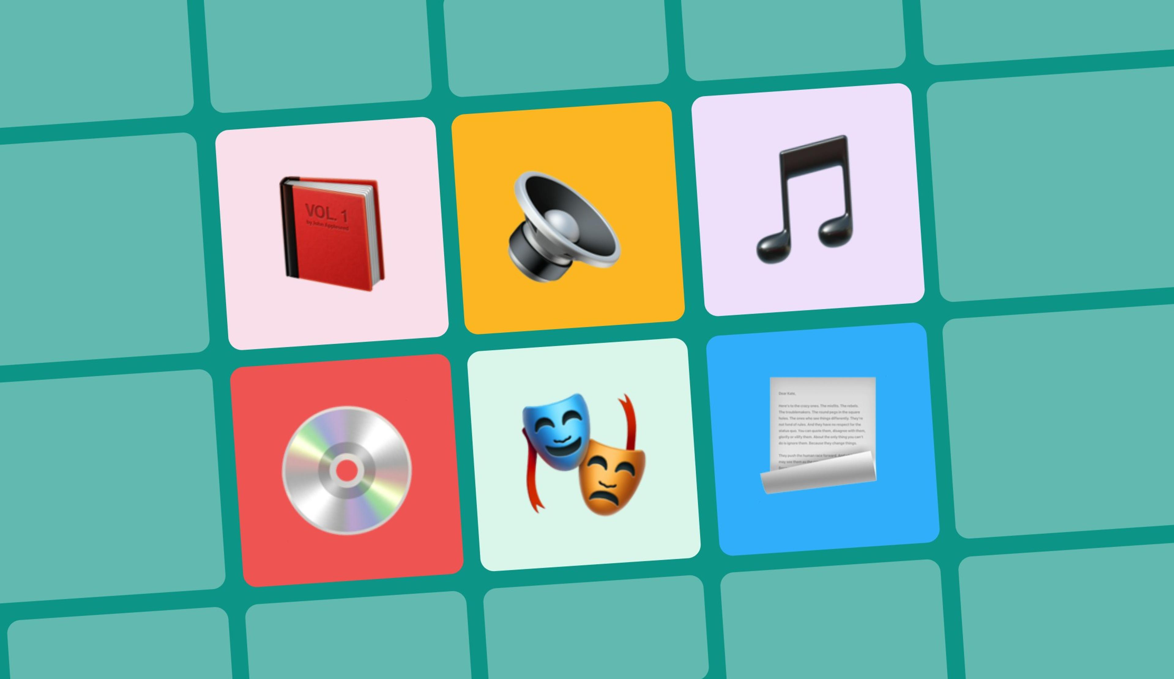 Book, speaker, music notes, CD, playscripts, and a document