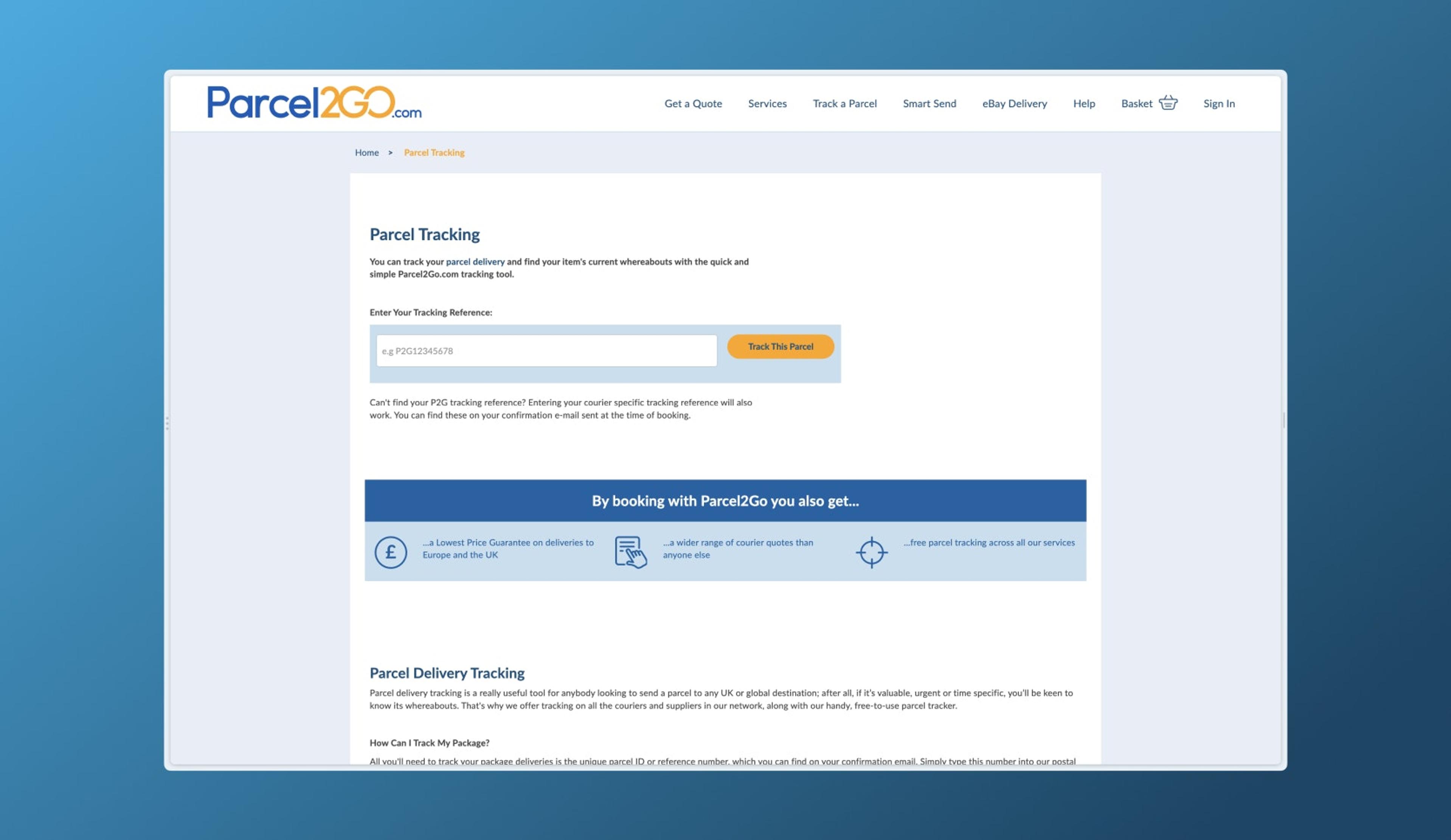 Website landing page for package2Go