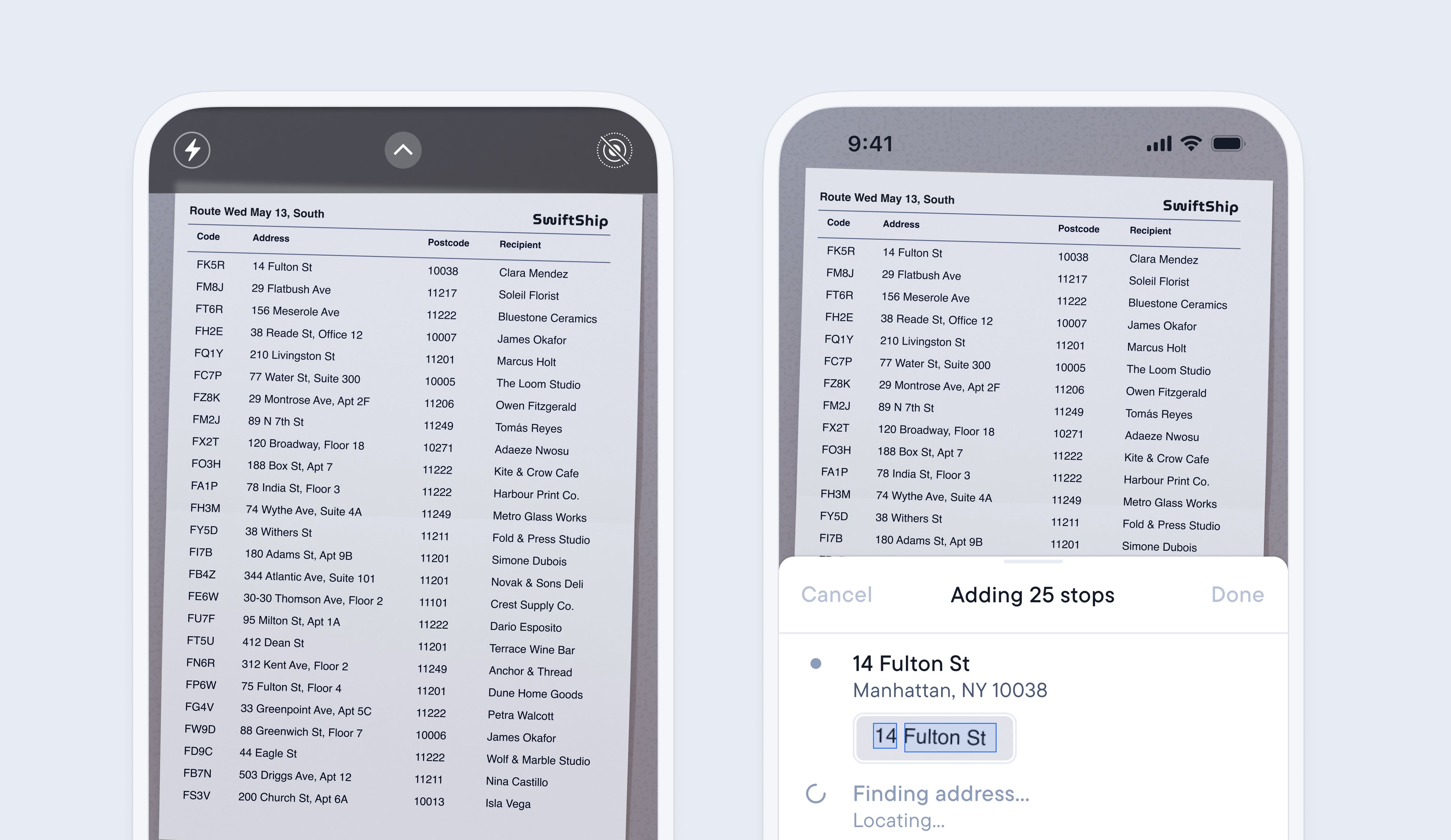 A SwiftShip mobile app scanning a list of addresses to add 25 stops to a delivery route.