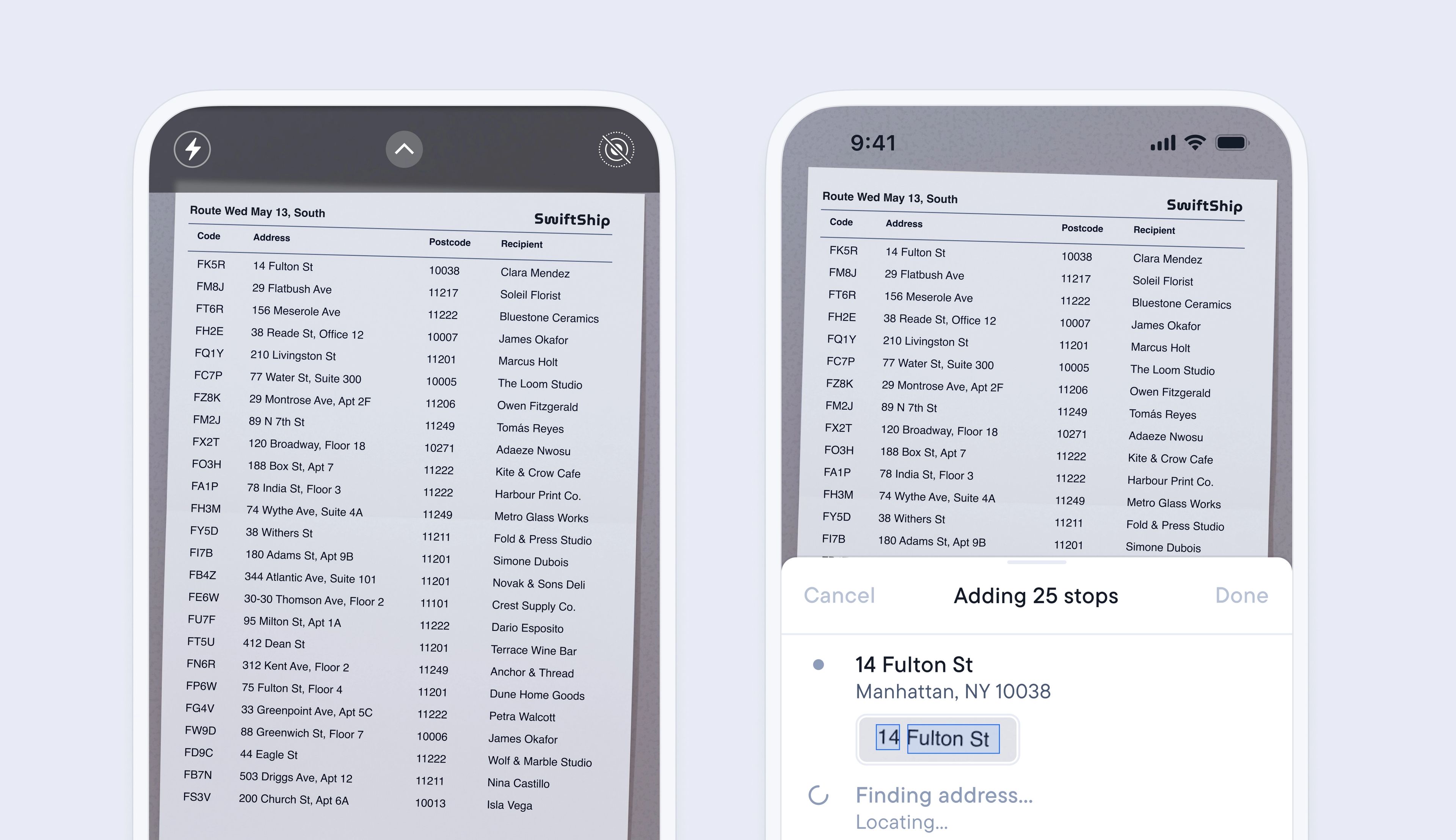 A SwiftShip mobile app scanning a list of addresses to add 25 stops to a delivery route.