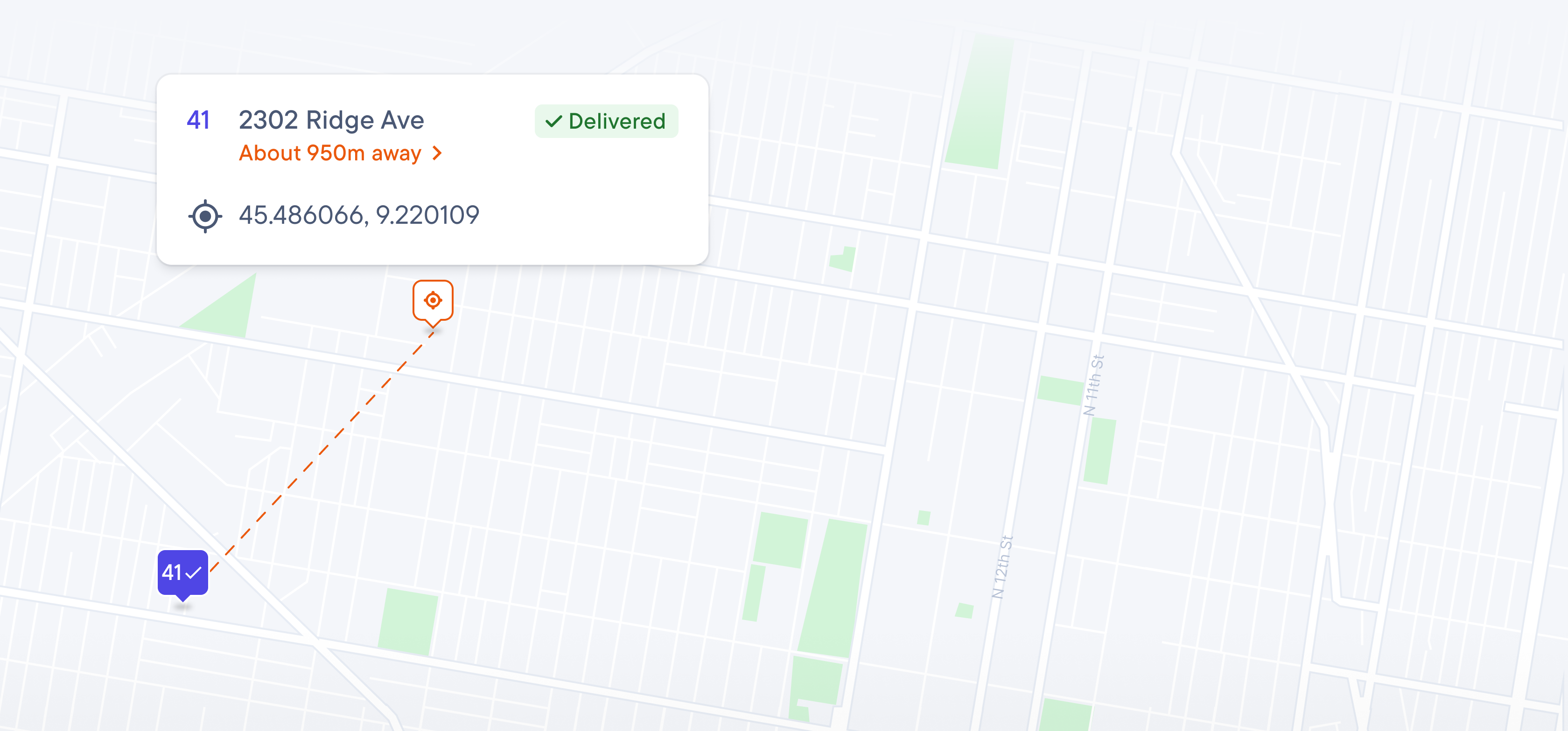 A map interface displaying two locations, one indicating a delivered package at approximately 950m away.