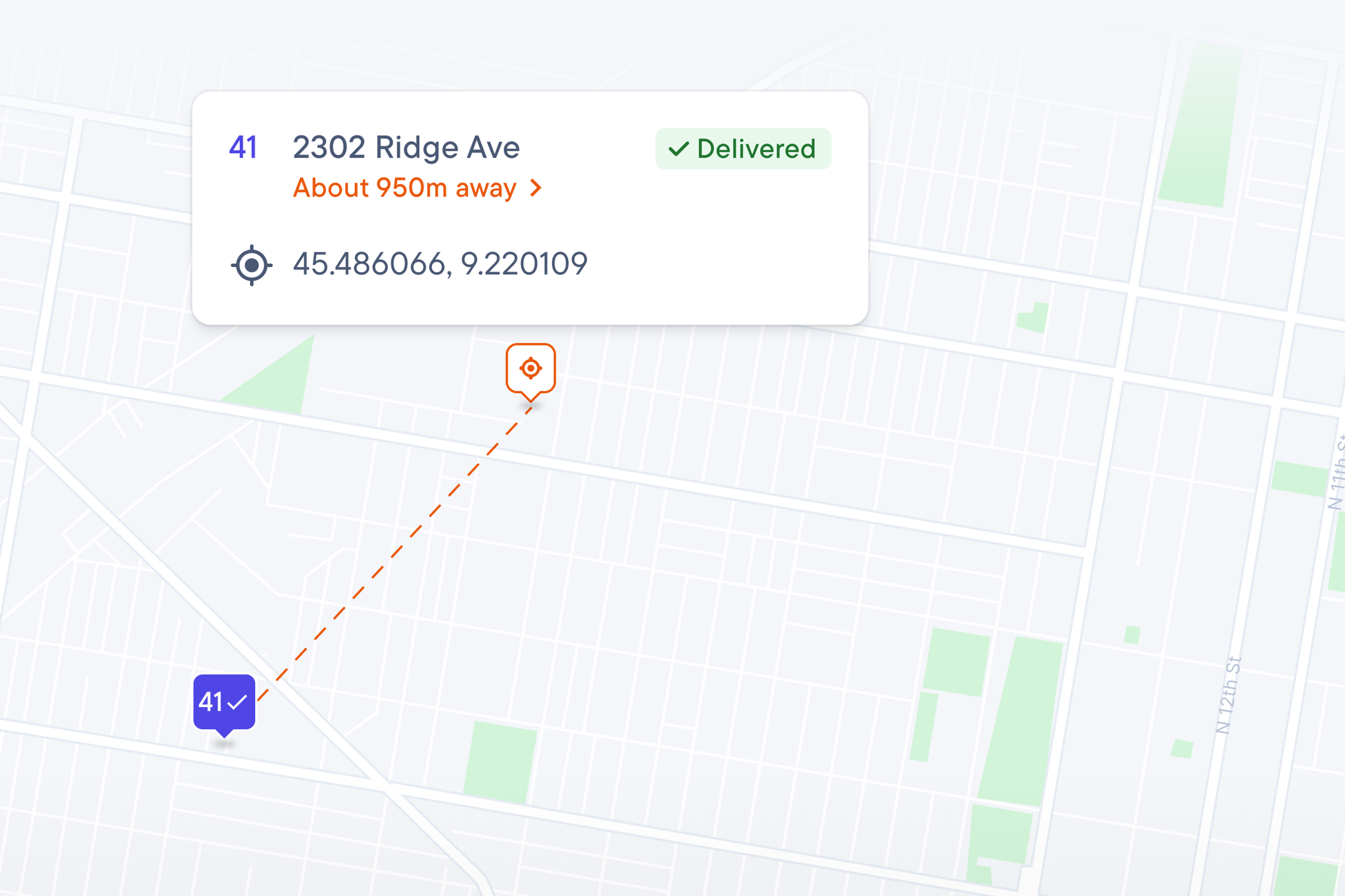 A map interface displaying two locations, one indicating a delivered package at approximately 950m away.