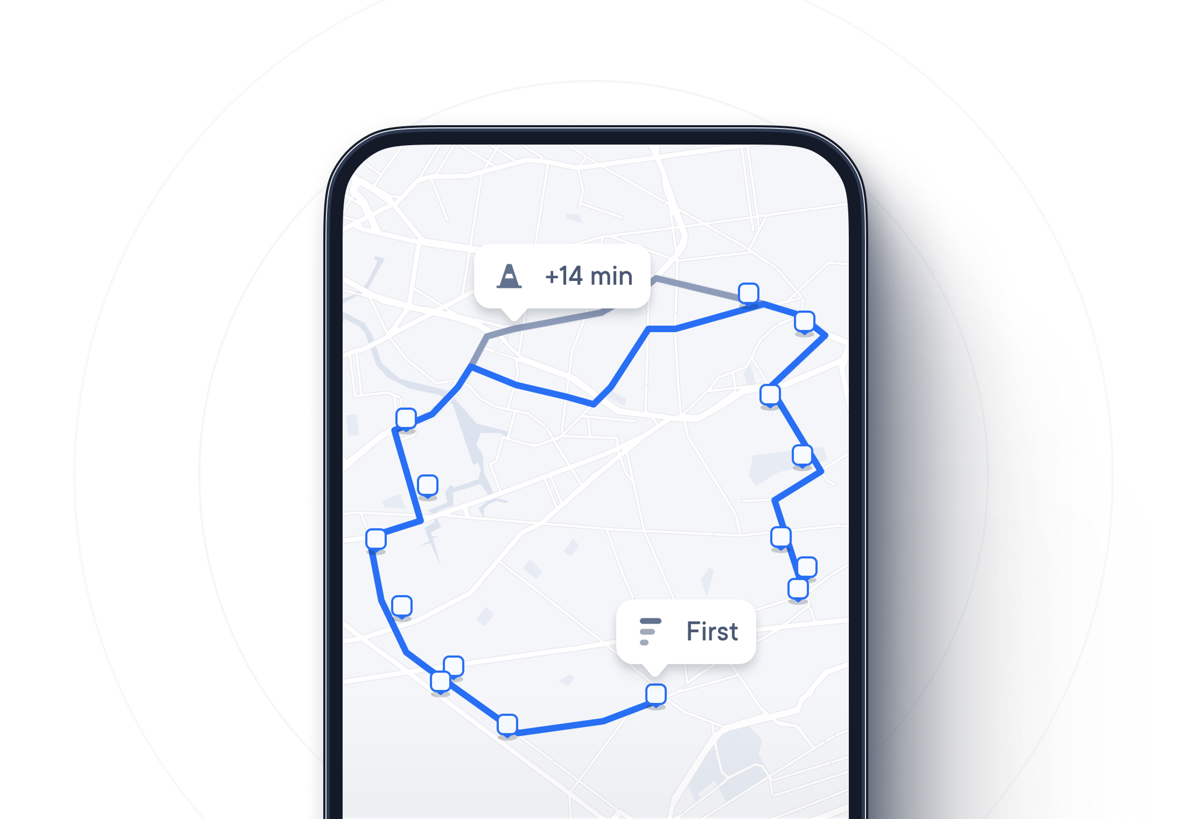 A smartphone screen displaying a delivery route map with a highlighted route and an alert indicating a delay. A label reading “First” marks the starting point of the route.