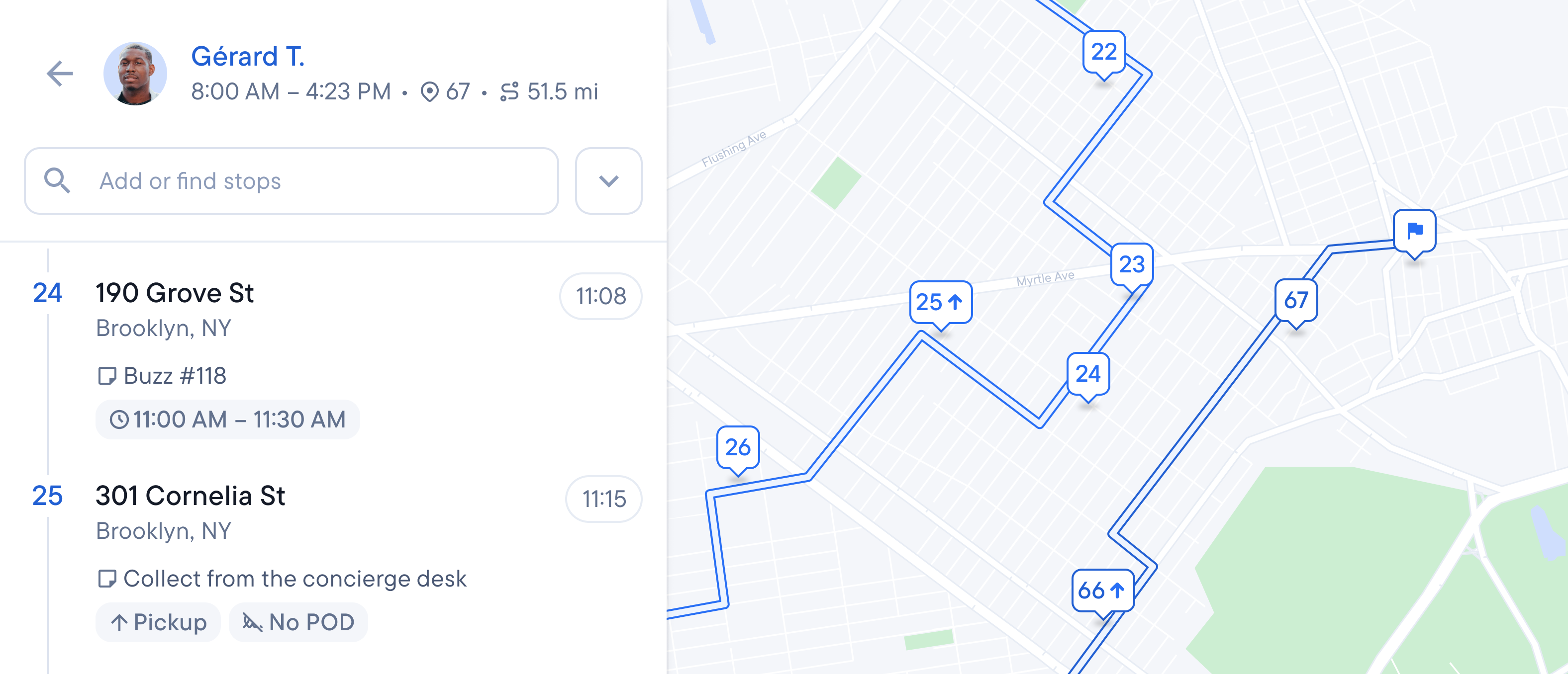 A delivery management app showing a driver's stop list and the corresponding route on a map.