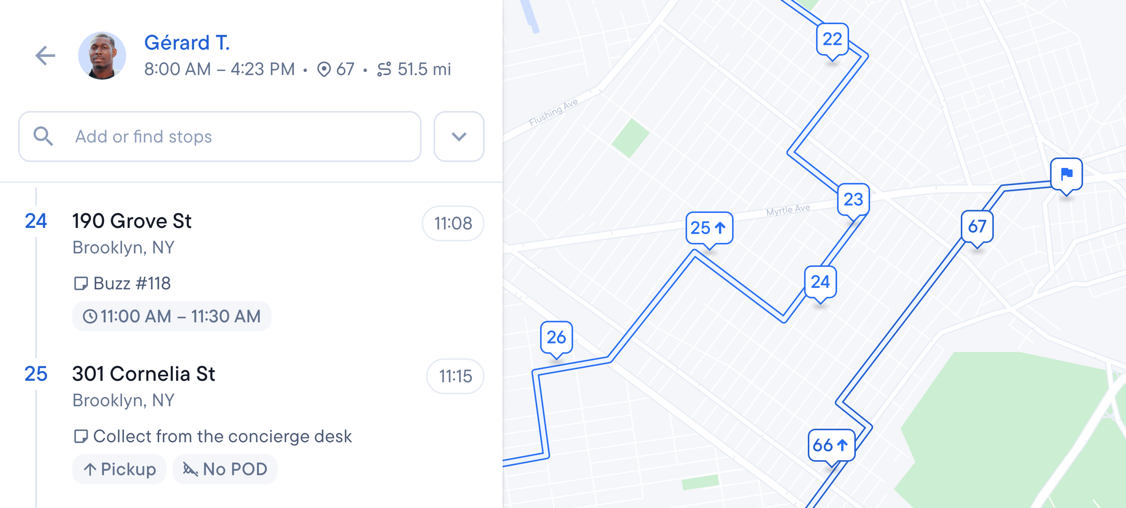 A delivery management app showing a driver's stop list and the corresponding route on a map.