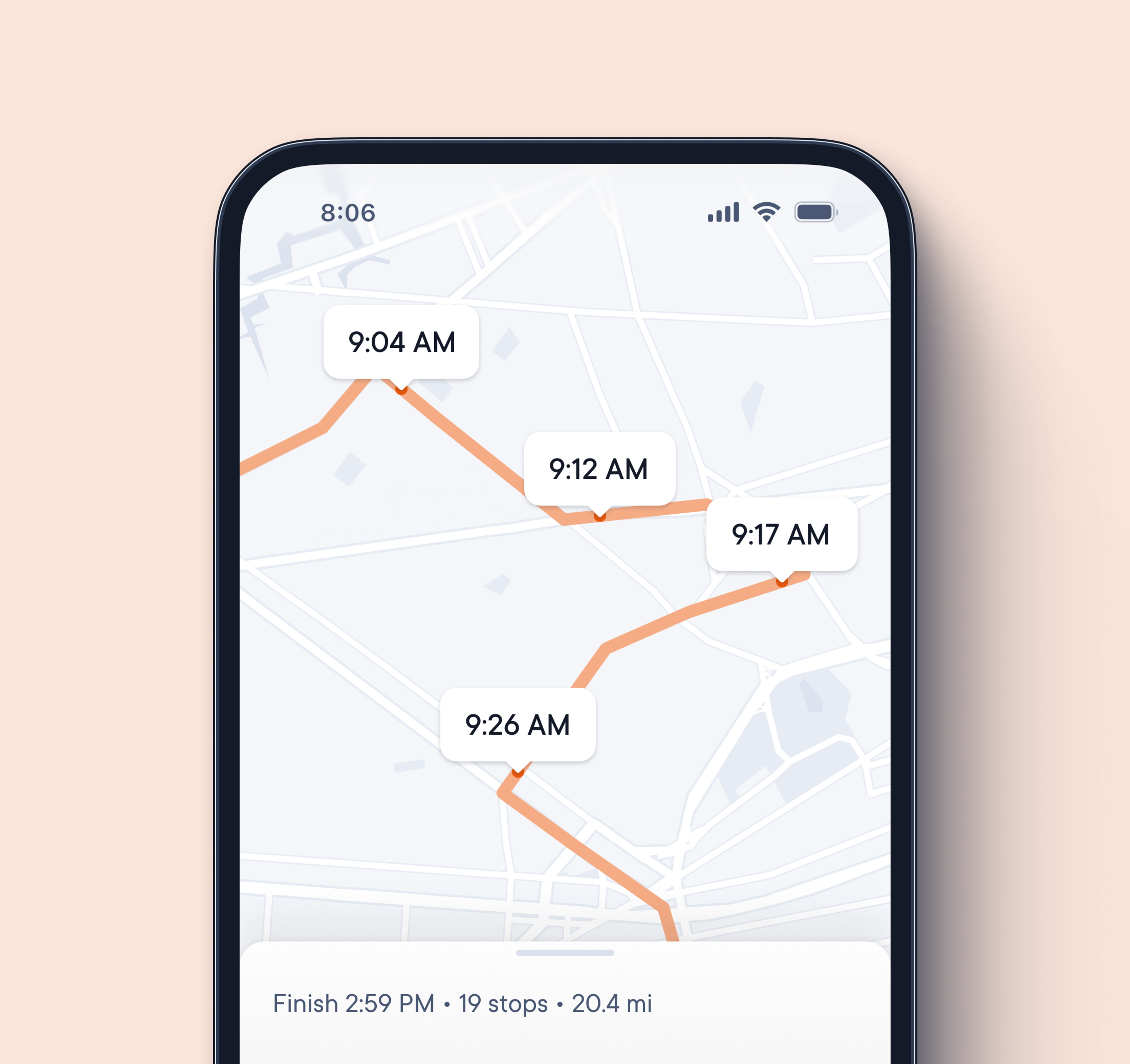 Route map on a smartphone screen displaying estimated arrival times at various points on the delivery path, including times such as 9:04 AM, 9:12 AM, 9:17 AM, and 9:26 AM.