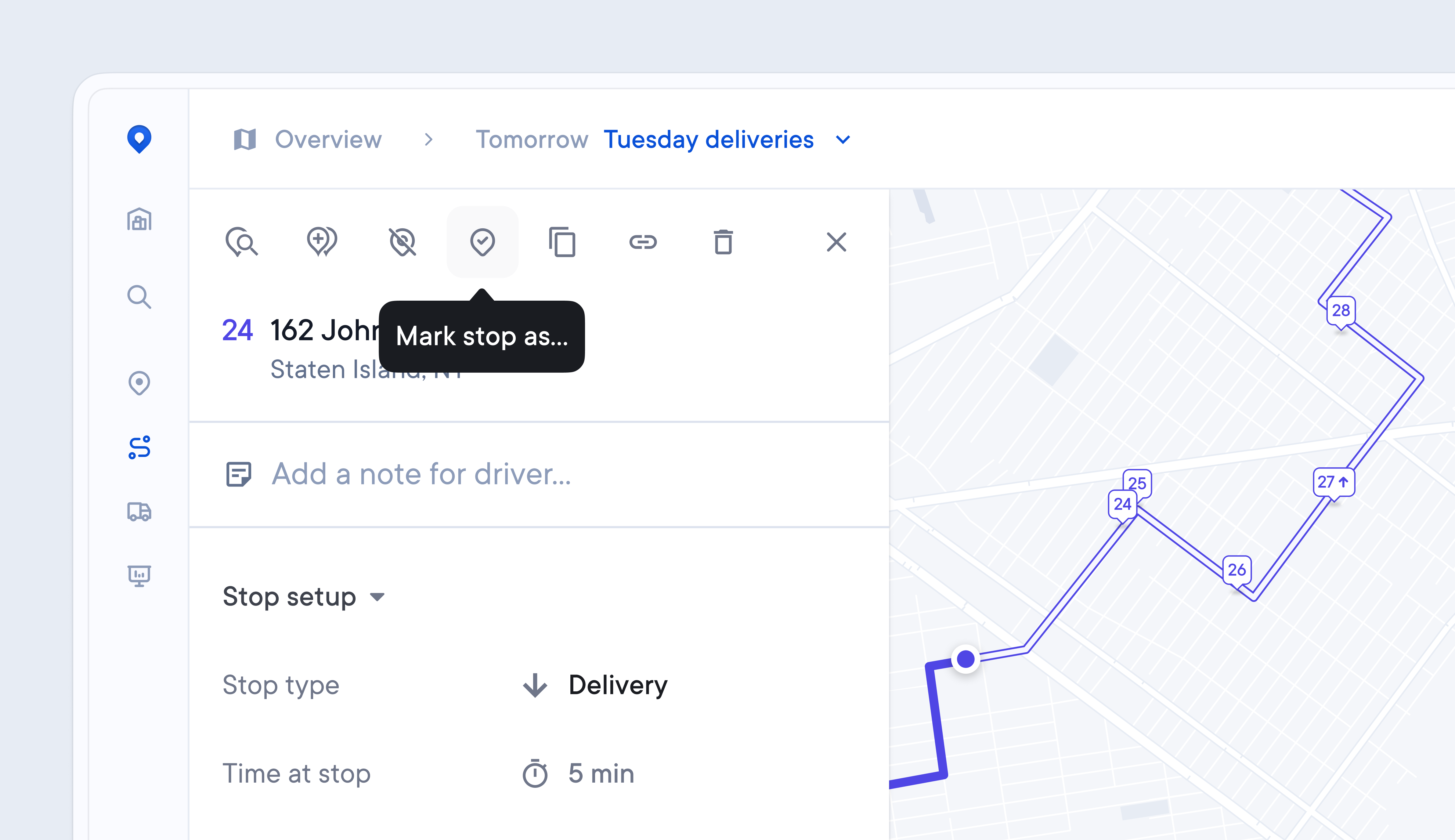 A delivery management interface showing stop #24 details, a "Mark stop as..." tooltip, and a map of the route.