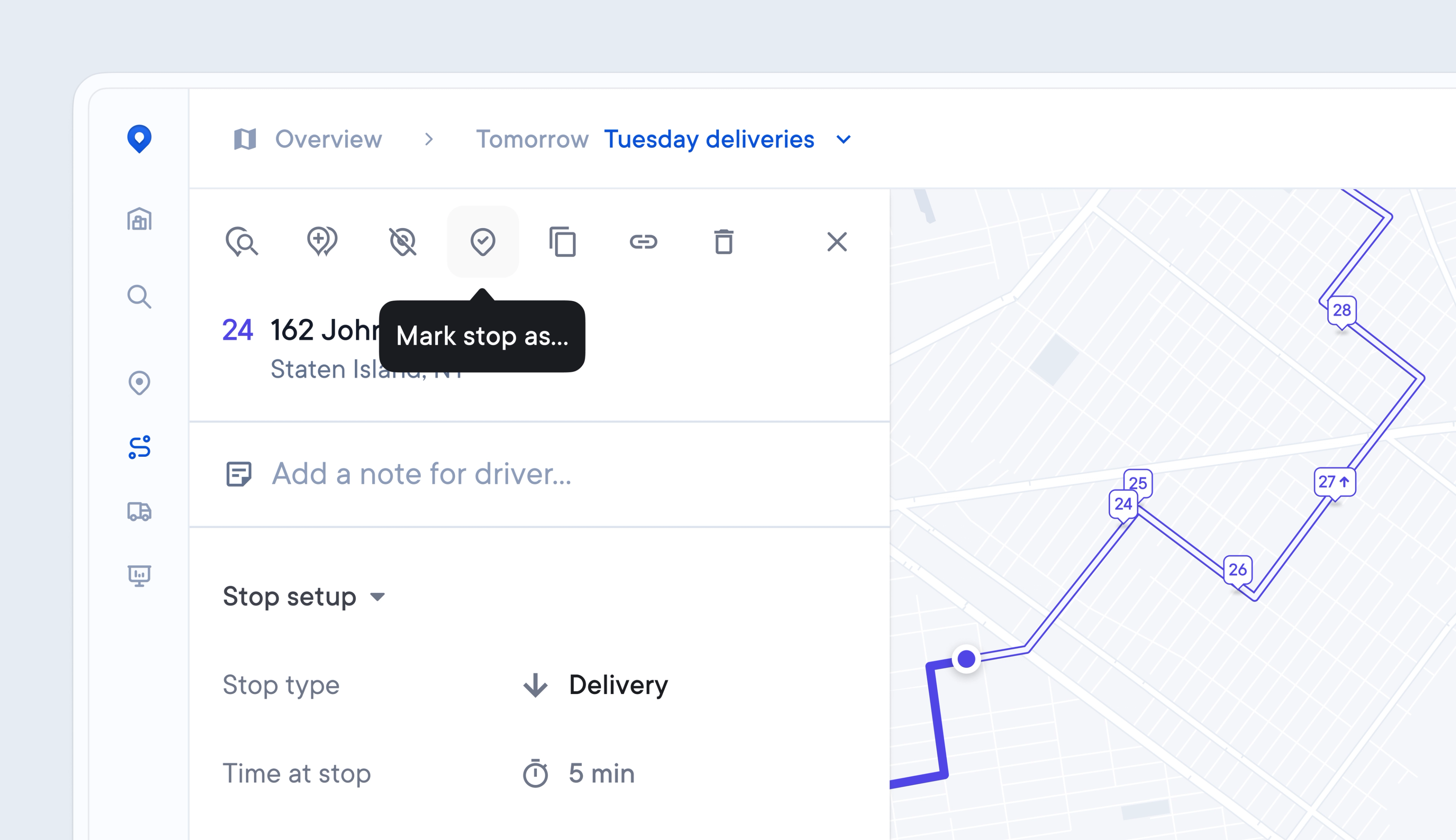 A delivery management interface showing stop #24 details, a "Mark stop as..." tooltip, and a map of the route.