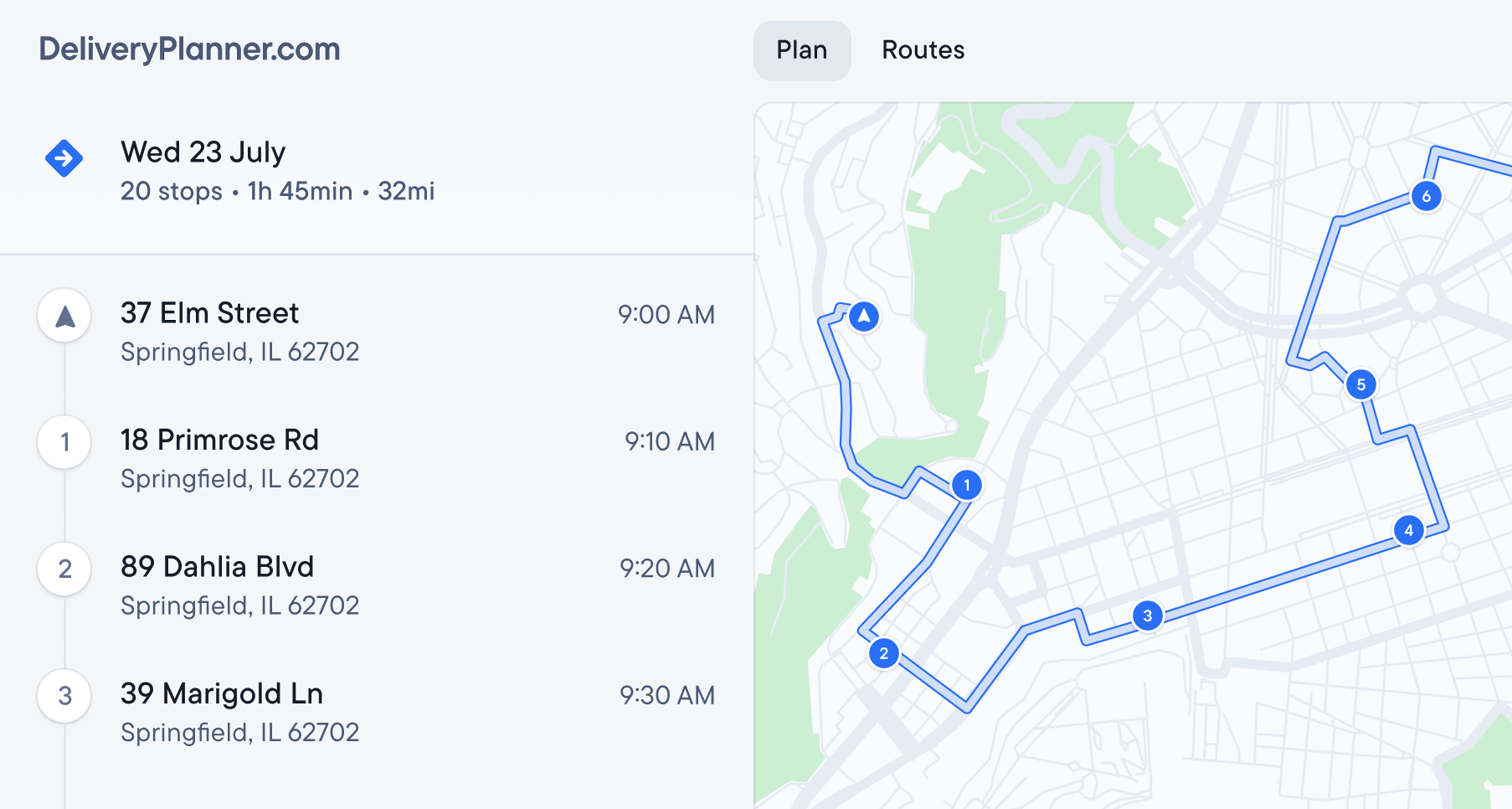 DeliveryPlanner.com showing a list of 20 stops with scheduled times and a map displaying the optimized route.