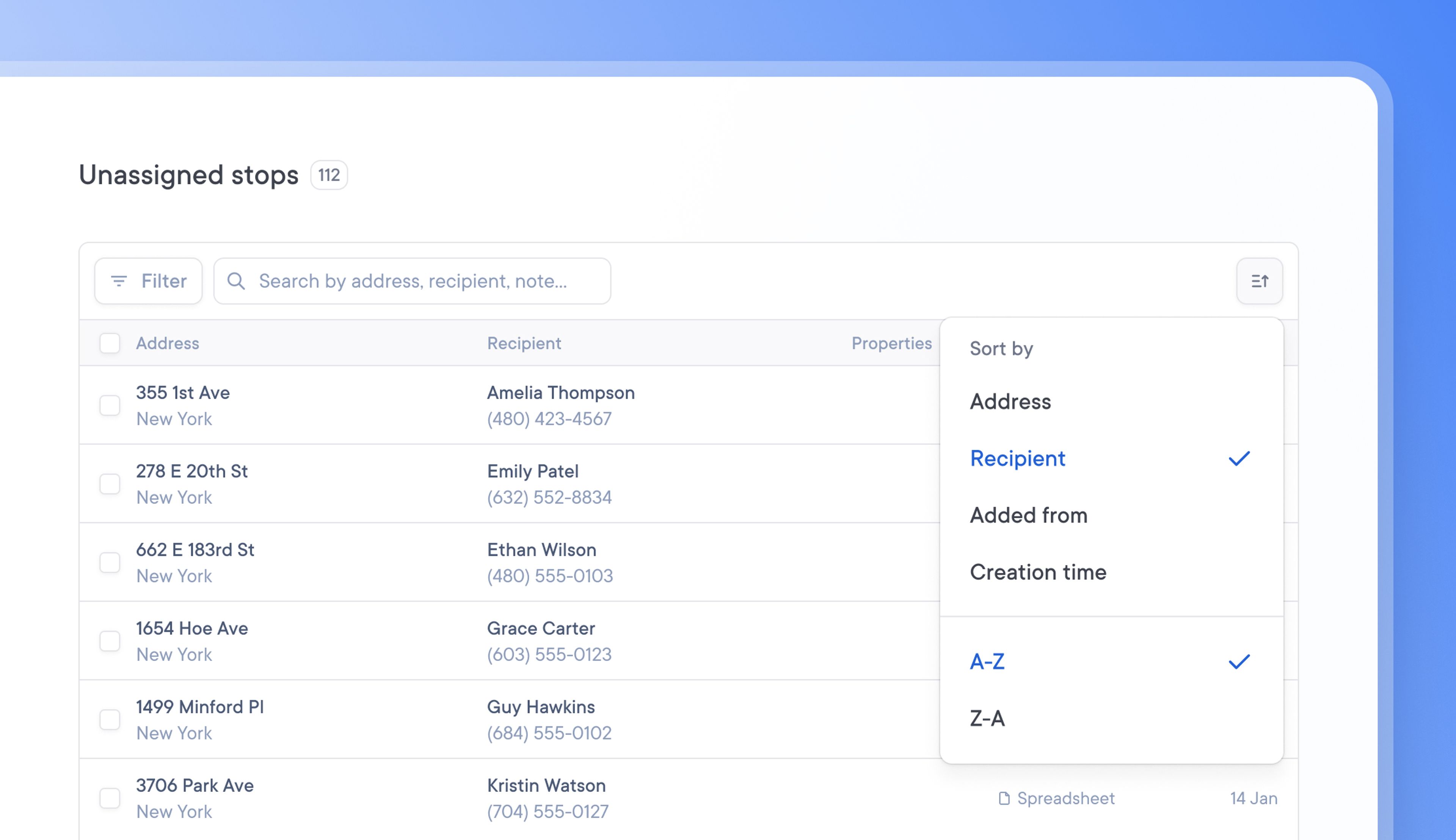 sortable delivery data