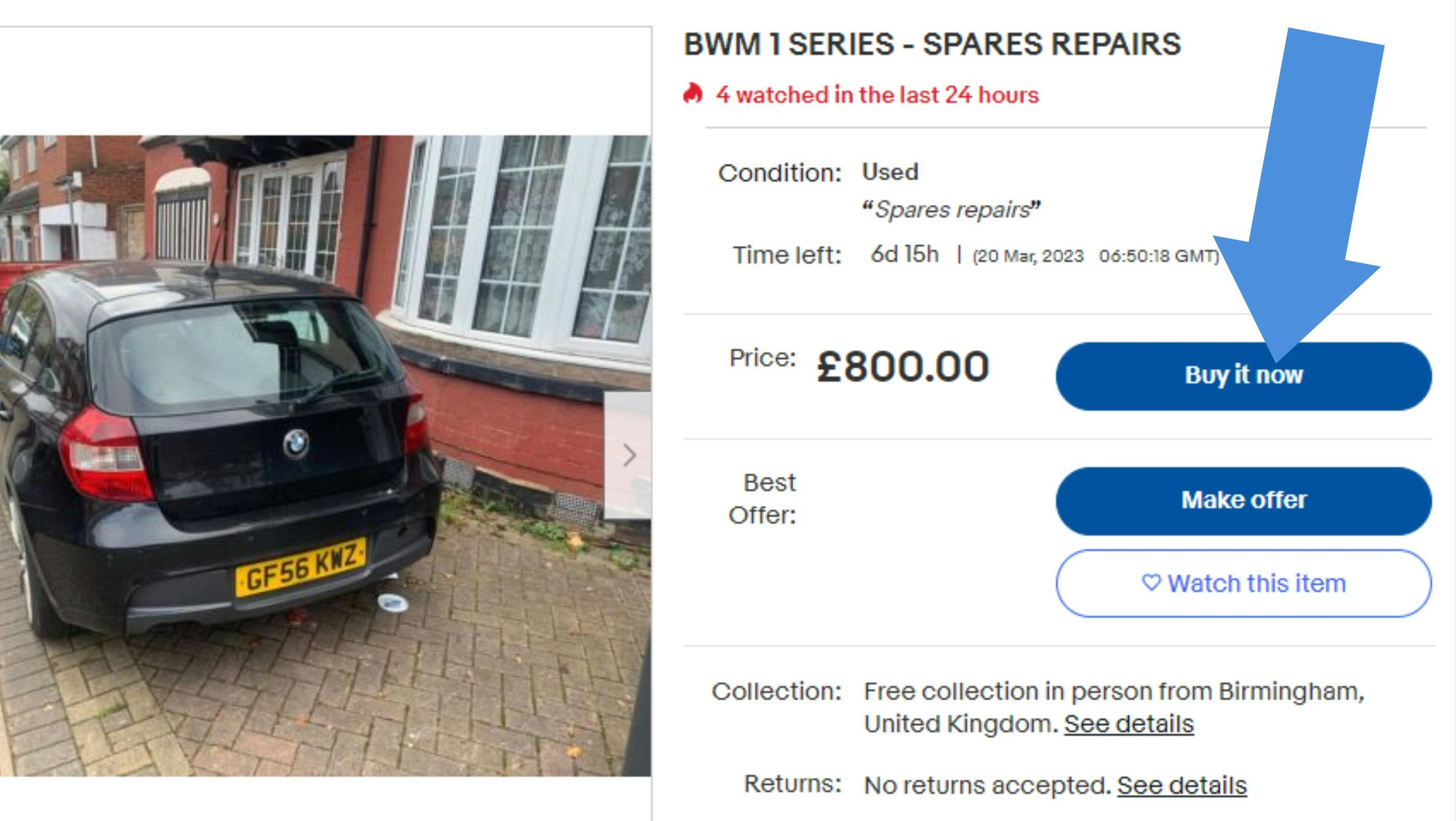 A computer screen displaying the eBay website and an arrow hovering over the 'Buy it now' button.