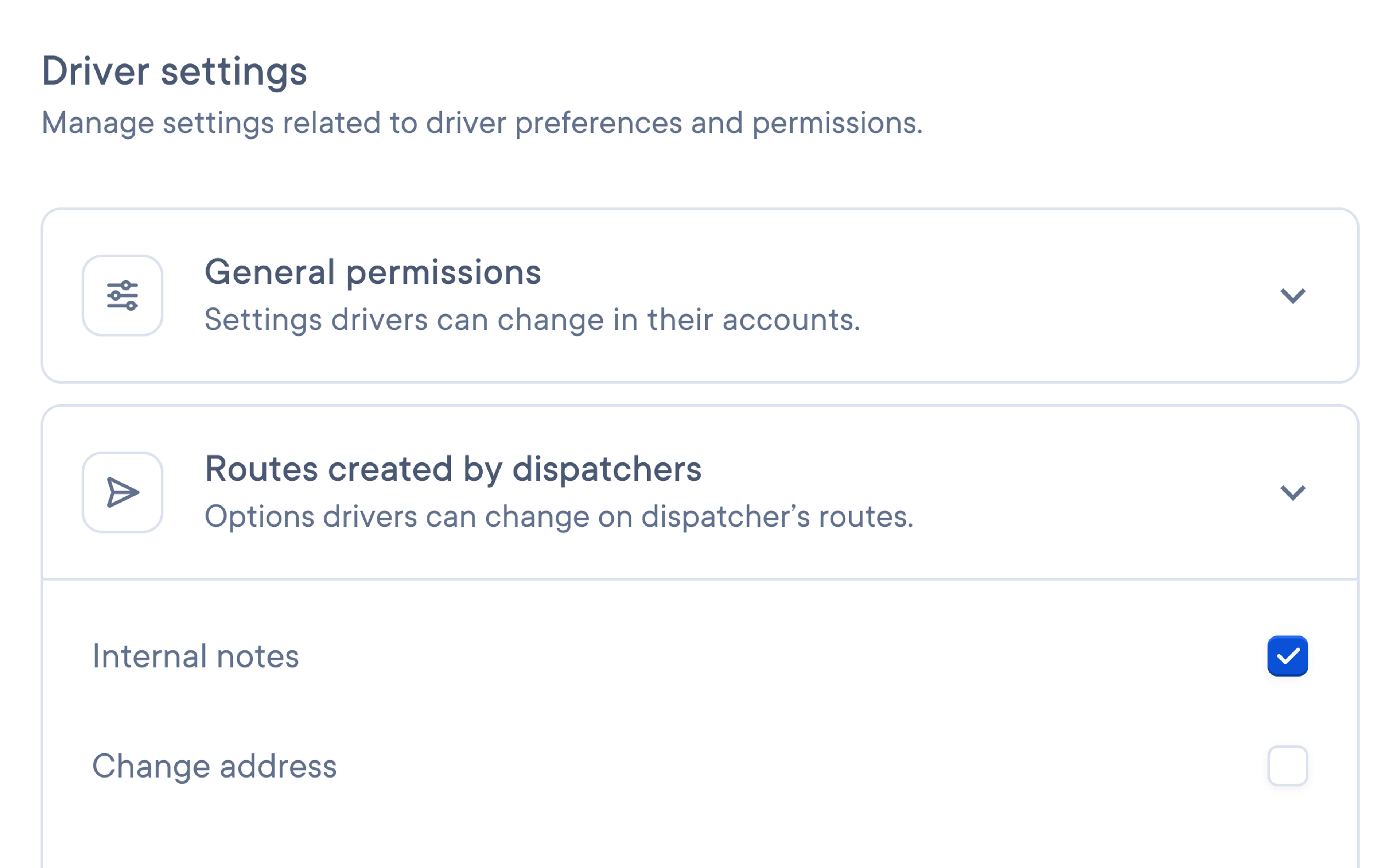 Driver settings interface with sections for "General permissions" and "Routes created by dispatchers."