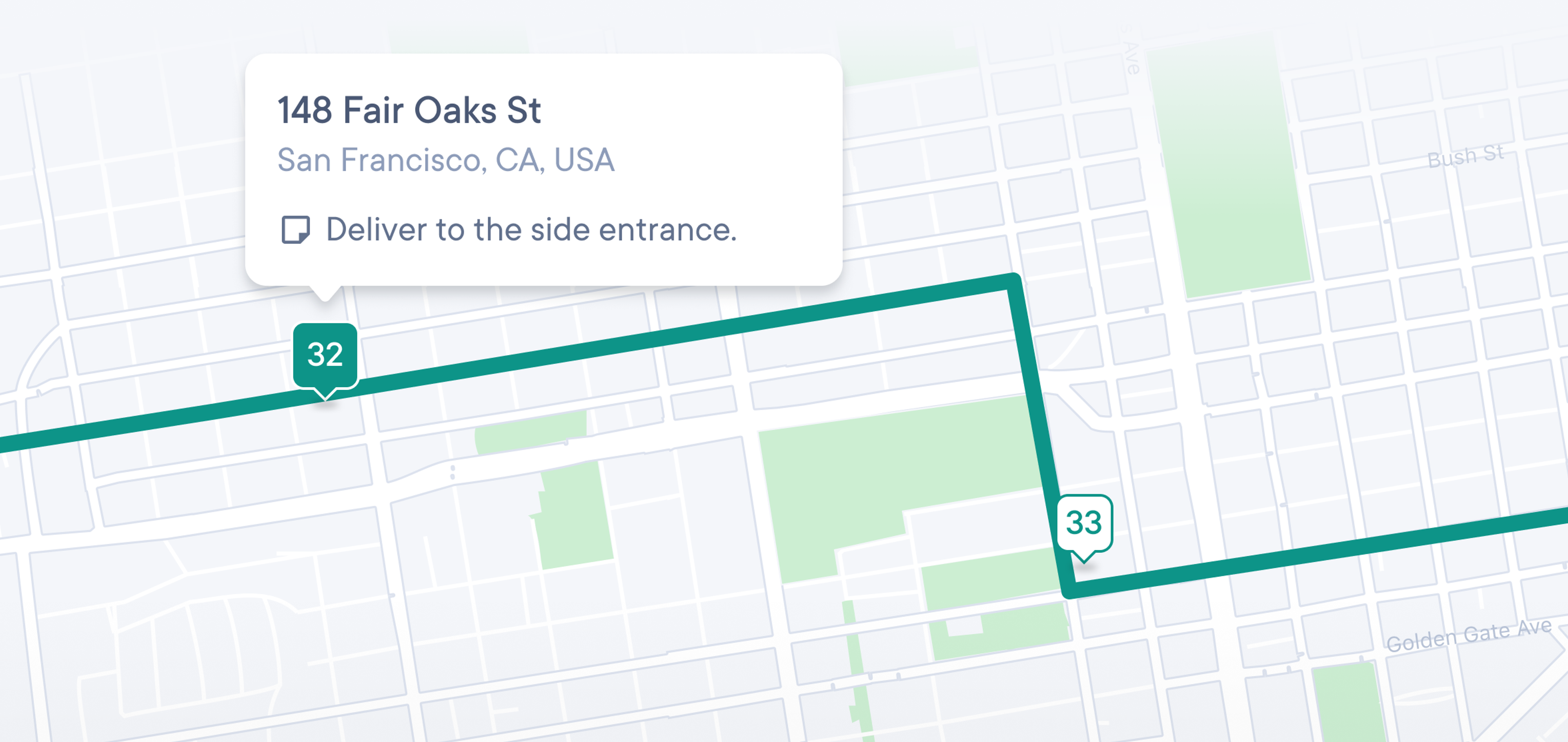 A light-gray street map segment overlaid with a green delivery route passing stops numbered 32, 33, and 34, and a white pop-up at stop 32 reading “148 Fair Oaks St, San Francisco, CA, USA” with a note icon and the instruction “Deliver to the side entrance.”