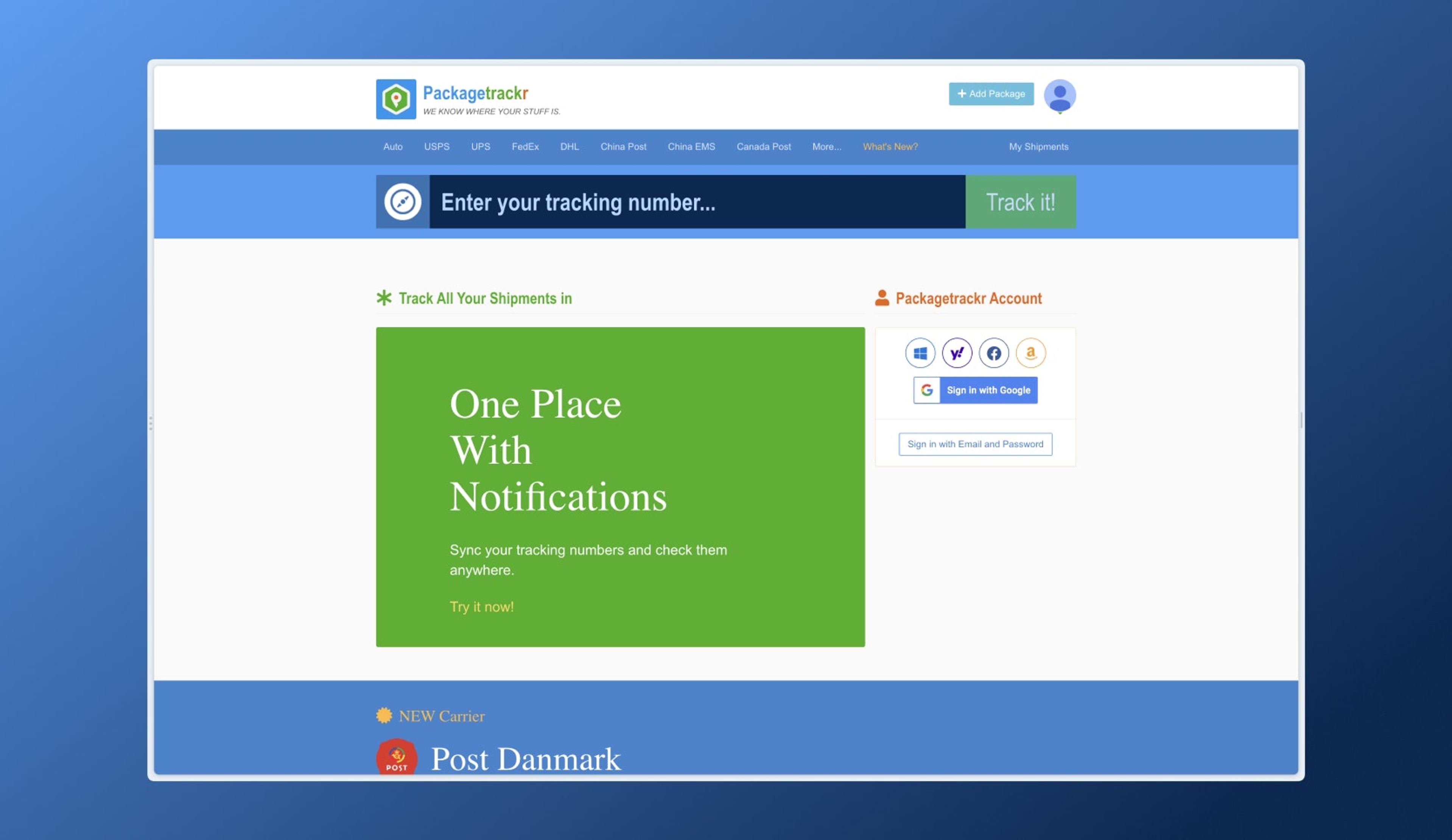 Website landing page for Packagetrackr